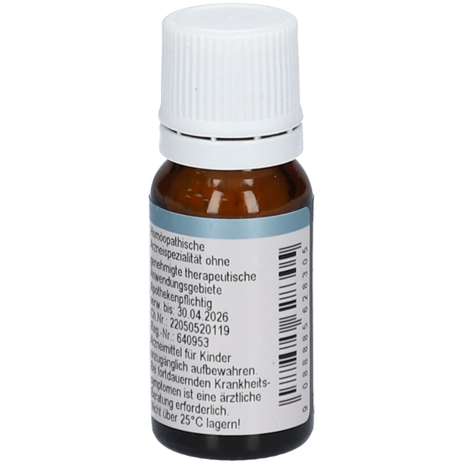 Braune Glasflasche mit weißem Deckel. Rückseite mit Text: Homöopathische Arzneispezialität, Verfallsdatum 30.04.2026.