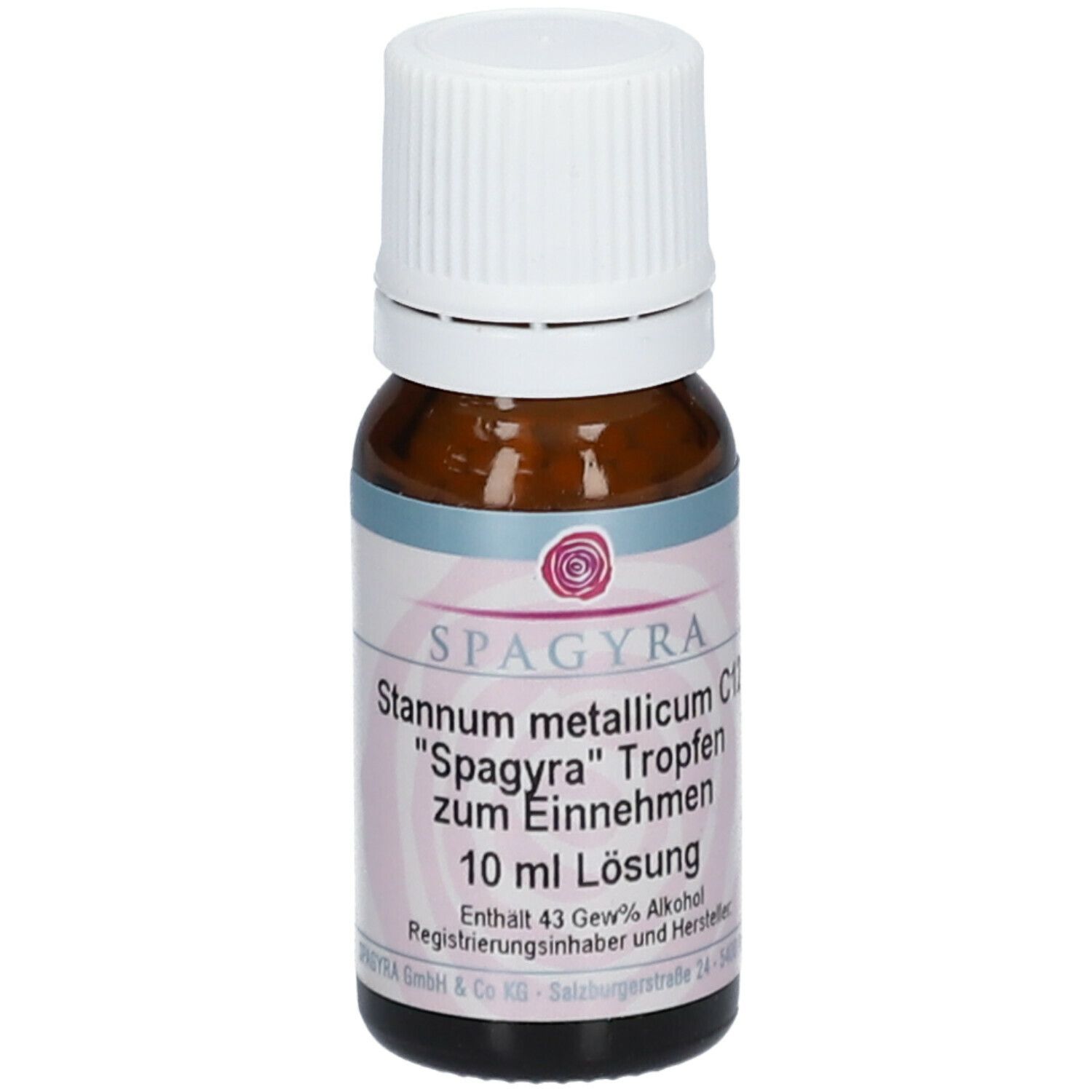 Braune Glasflasche mit weißem Deckel. Beschriftung: SPAGYRA Stannum metallicum C12, 10 ml Lösung.