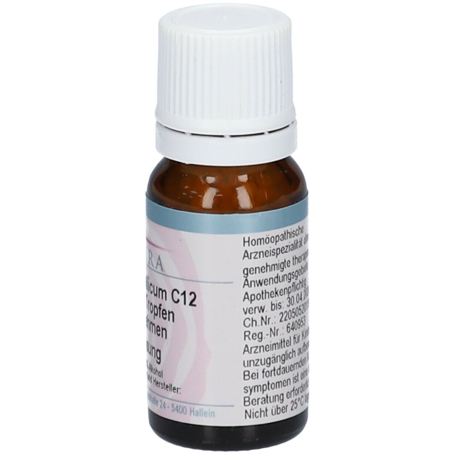 Braune Glasflasche mit weißem Deckel. Beschriftung: SPAGYRA Stannum metallicum C12, 10 ml Lösung.