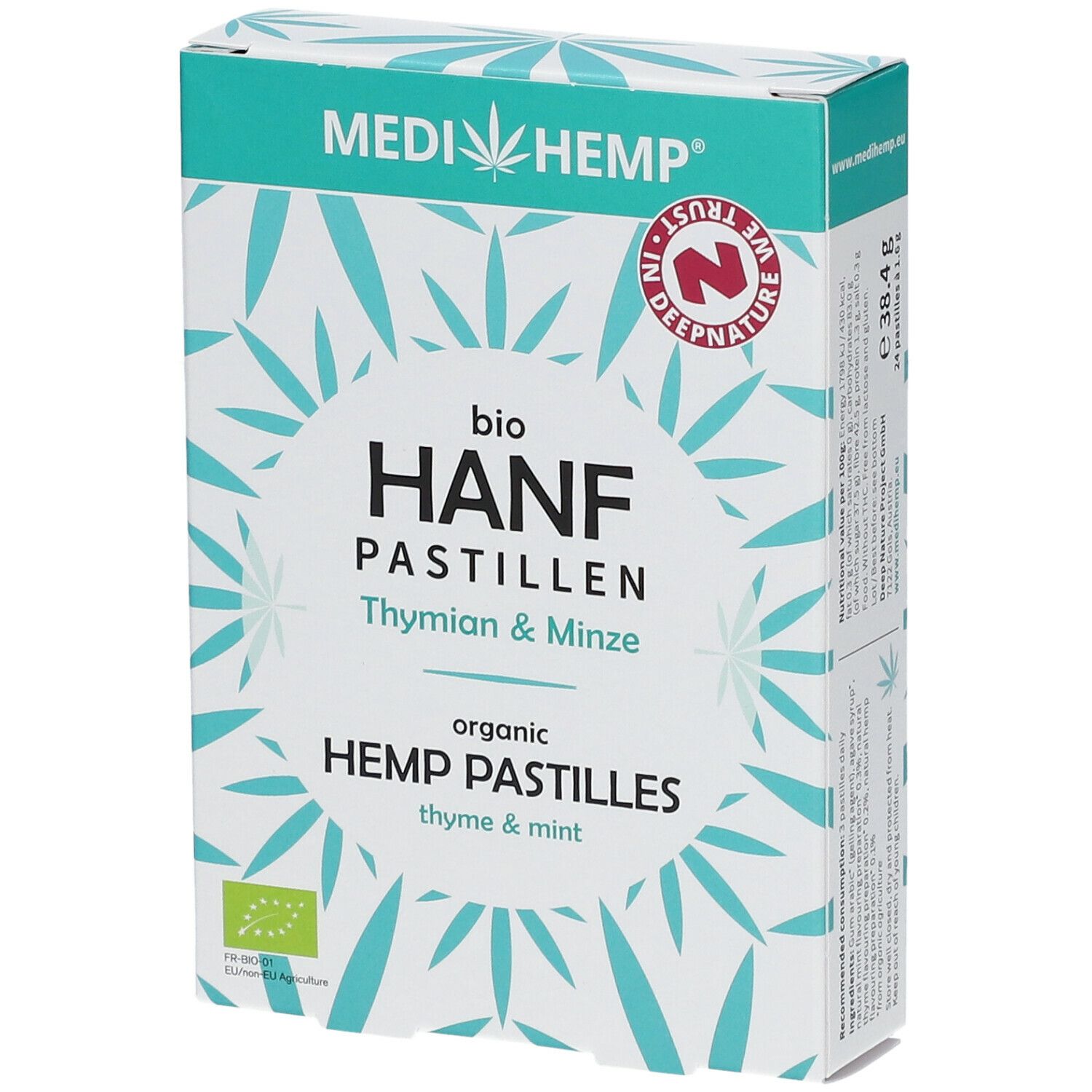 Verpackung von MEDIHEMP Bio Hanfpastillen Thymian & Minze. Weiß-türkises Design mit Produktnamen und Logo. EU-Bio-Siegel.
