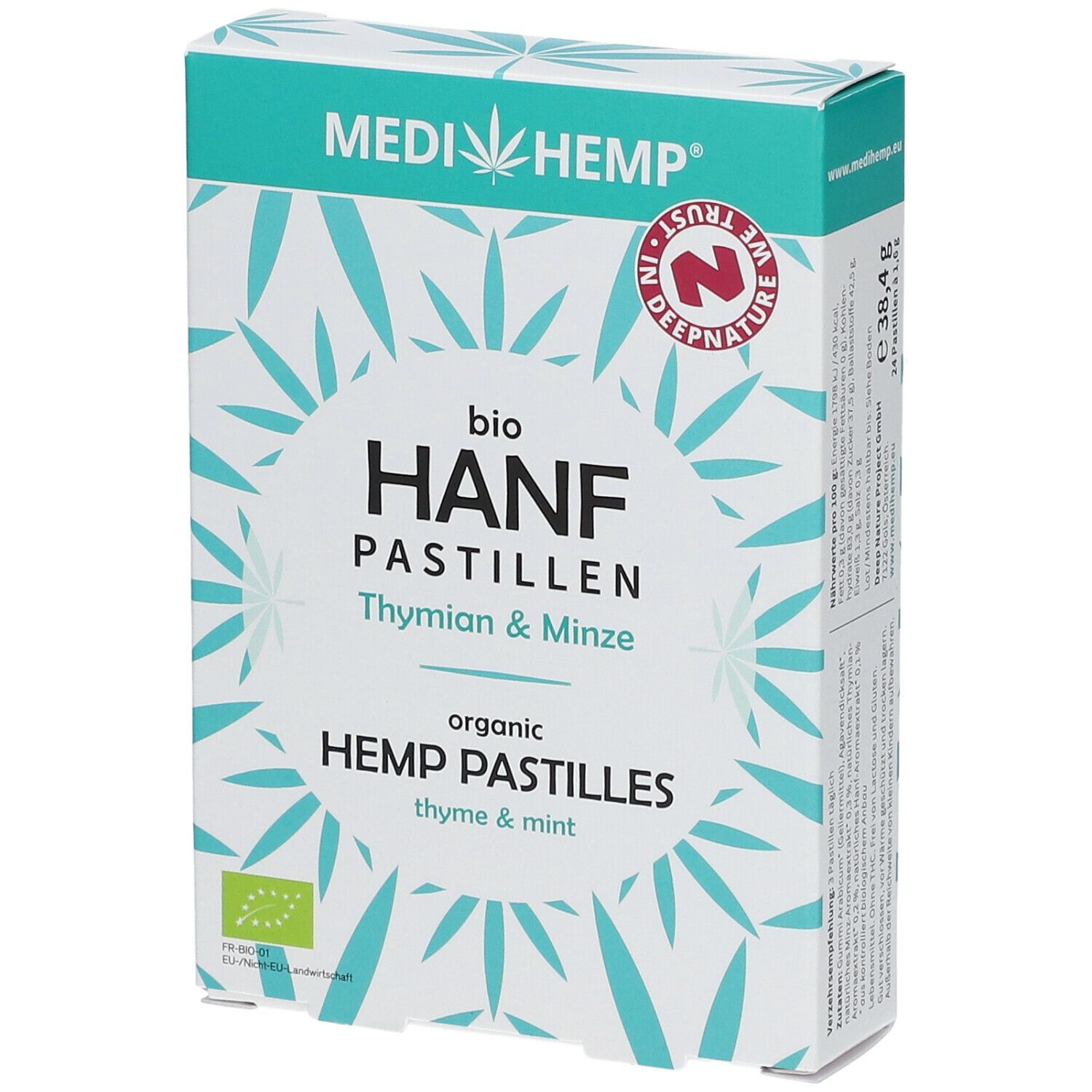 Verpackung von MEDIHEMP Bio Hanfpastillen Thymian & Minze. Vorderansicht mit Produktnamen und Logo. Türkis-weißes Design.