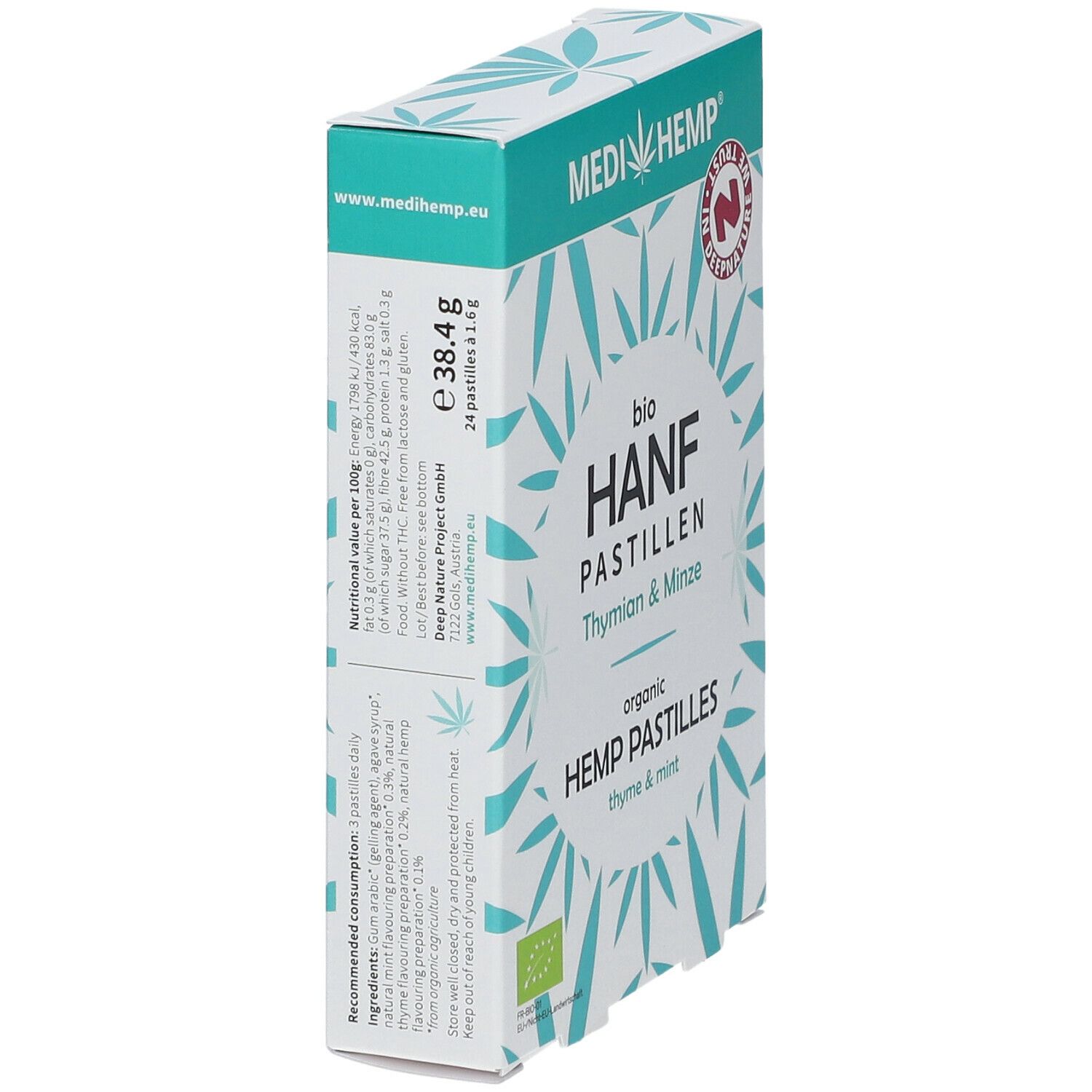 Verpackung von MEDIHEMP Bio Hanfpastillen. Schräge Seitenansicht mit Produktnamen, Nährwertangaben und EU-Bio-Siegel. Türkis-weißes Design.