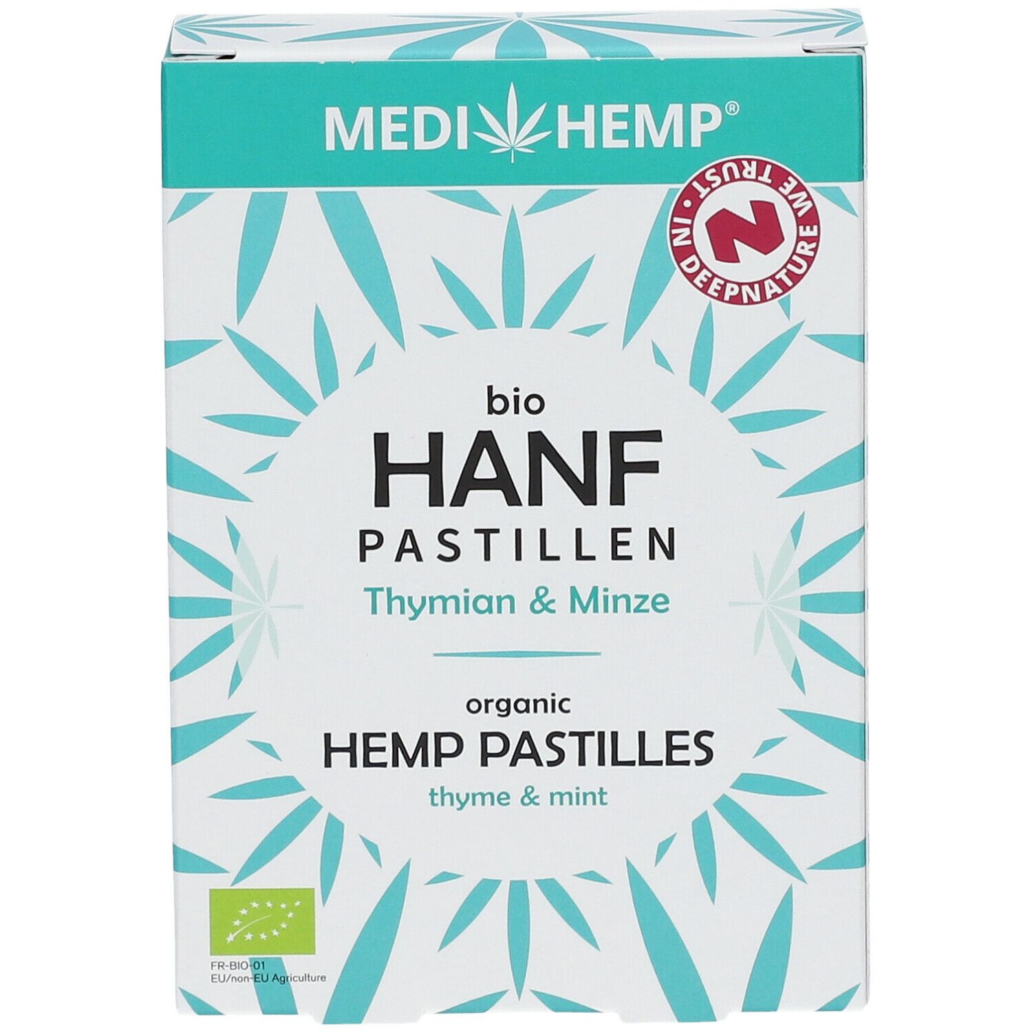 Verpackung von MEDIHEMP Bio Hanfpastillen Thymian & Minze. Vorderansicht mit Produktnamen und Logo. Türkis-weißes Design.