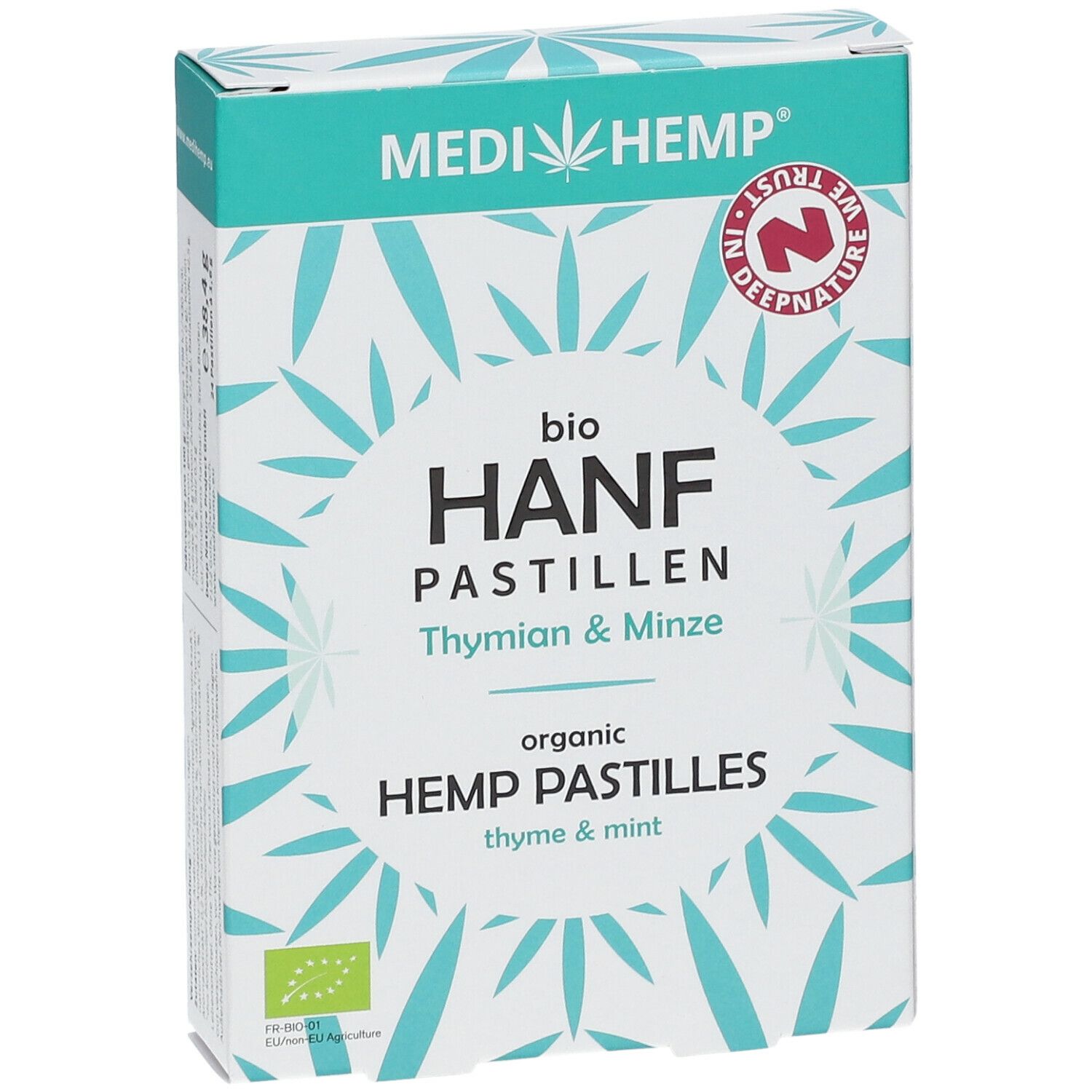 Verpackung von MEDIHEMP Bio Hanfpastillen Thymian & Minze. Vorderansicht mit Produktnamen und Logo. Türkis-weißes Design.