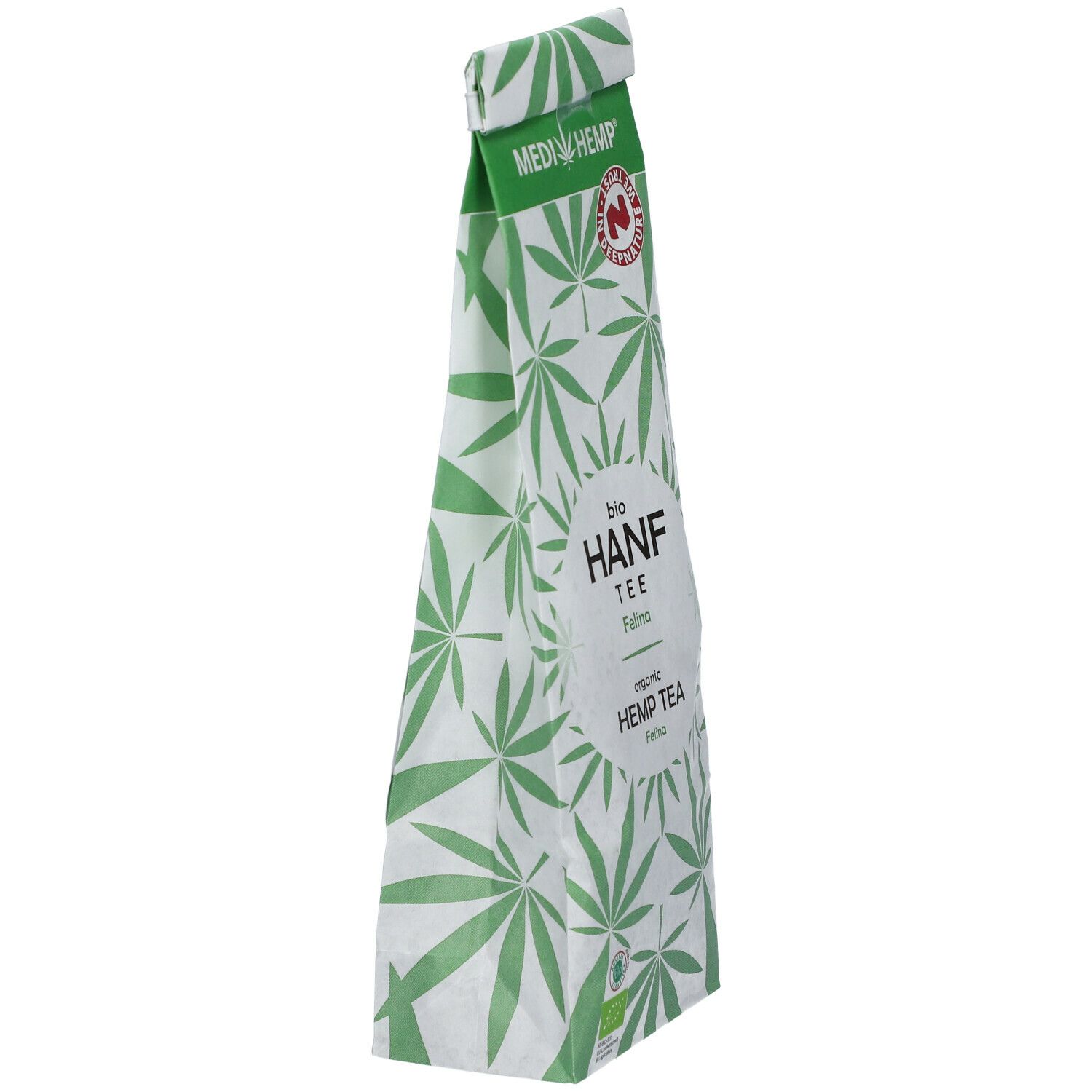 Medihem Hanftee Felina Verpackung, schräg. Weiß mit grünen Hanfblättern. Aufschrift: bio HANF TEE, organic HEMP TEA.
