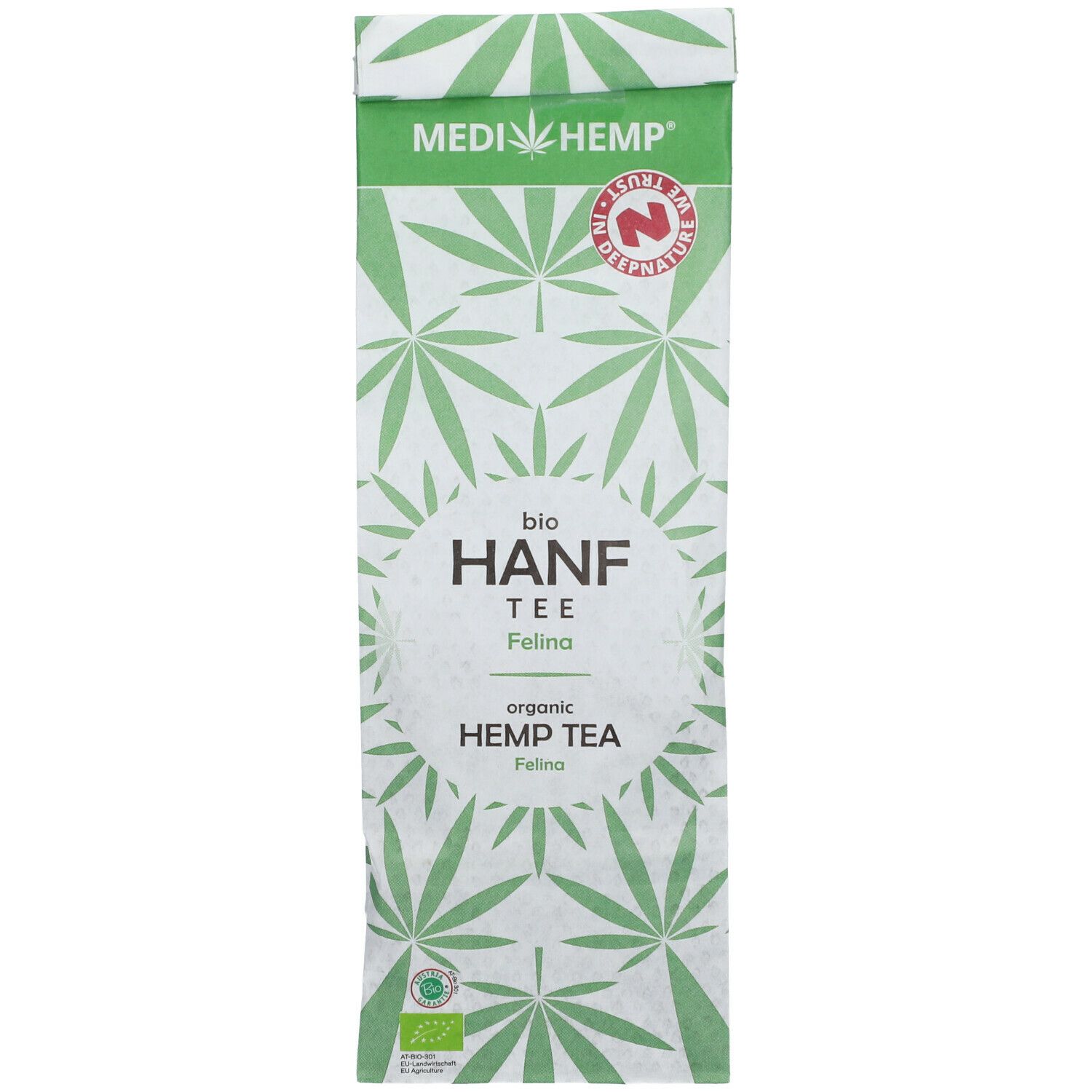 Medihem Hanftee Felina Verpackung. Weiß mit grünen Hanfblättern. Aufschrift: bio HANF TEE, organic HEMP TEA. Bio-Siegel.