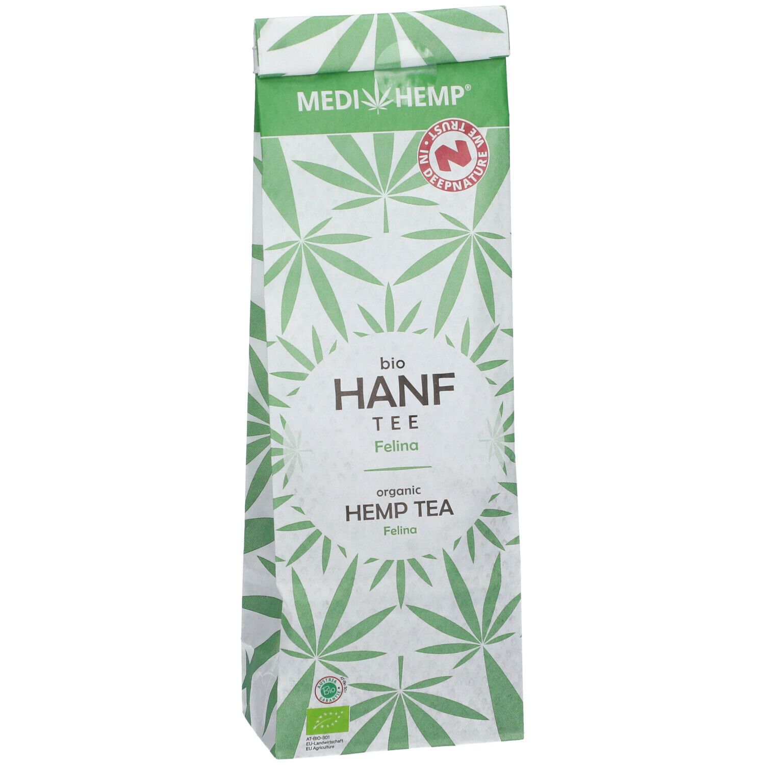 Medihem Hanftee Felina Verpackung. Weiß mit grünen Hanfblättern. Aufschrift: bio HANF TEE, organic HEMP TEA. Bio-Siegel.