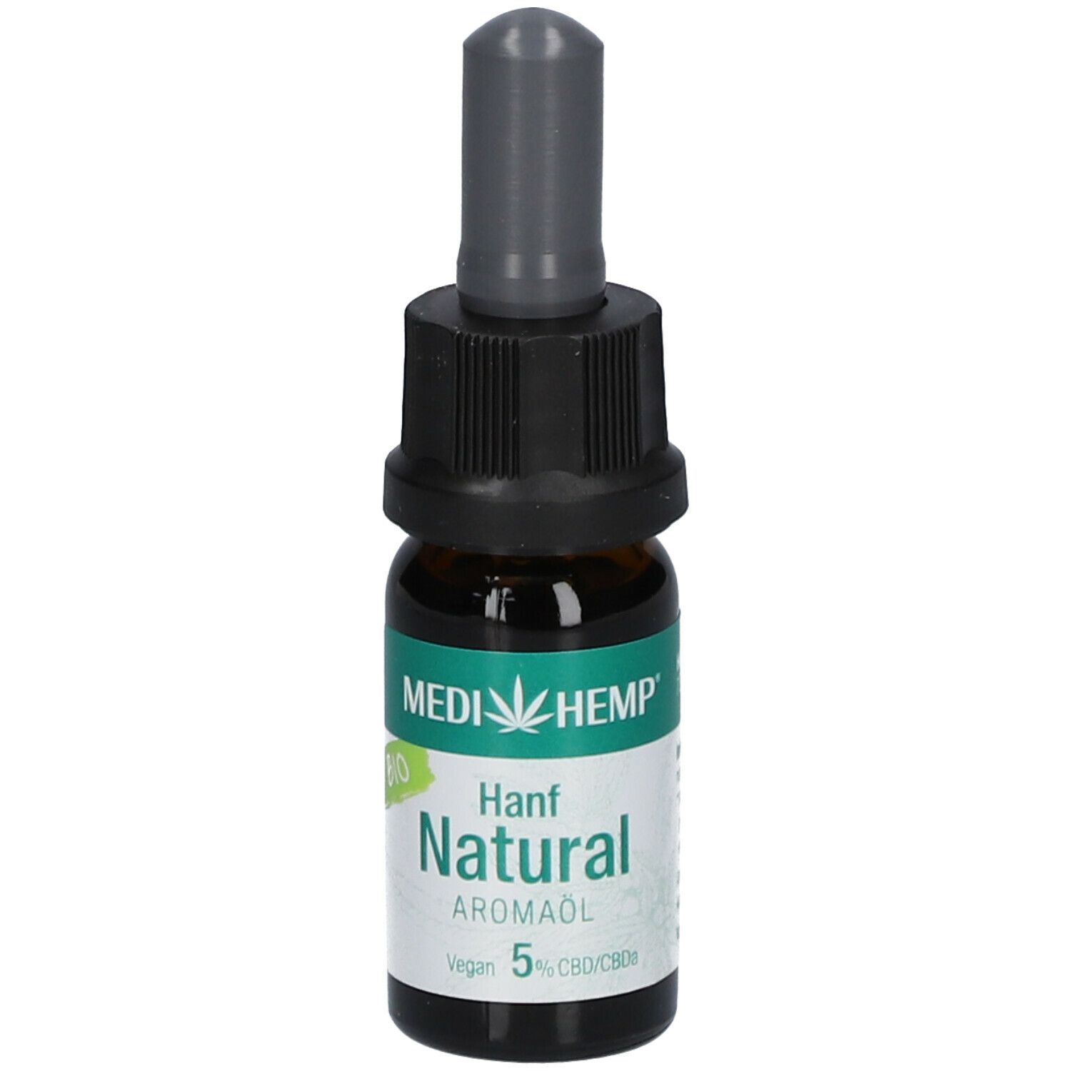 Braune Glasflasche mit schwarzem Verschluss und Pipette. Aufkleber mit Text: MEDIHEMP, Hanf Natural Aromaöl, 5 % CBD/CBDa.