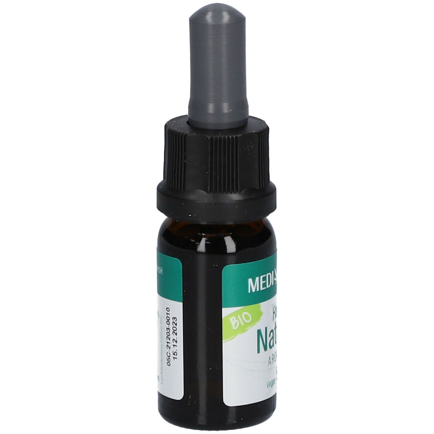 Braune Glasflasche mit schwarzem Verschluss und Pipette. Aufkleber mit Text: MEDIHEMP, Hanf Natural Aromaöl, BIO.