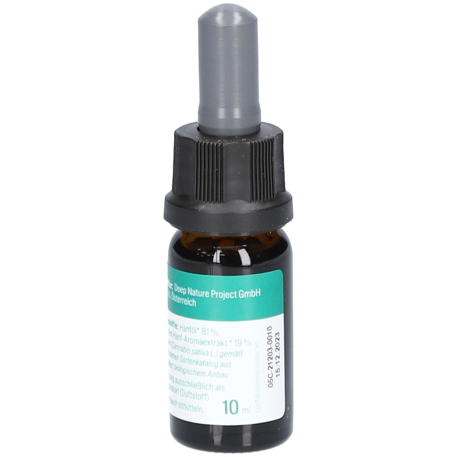 Braune Glasflasche mit schwarzem Verschluss und Pipette. Aufkleber mit Text: MEDIHEMP, Hanf Natural Aromaöl, 10 ml.