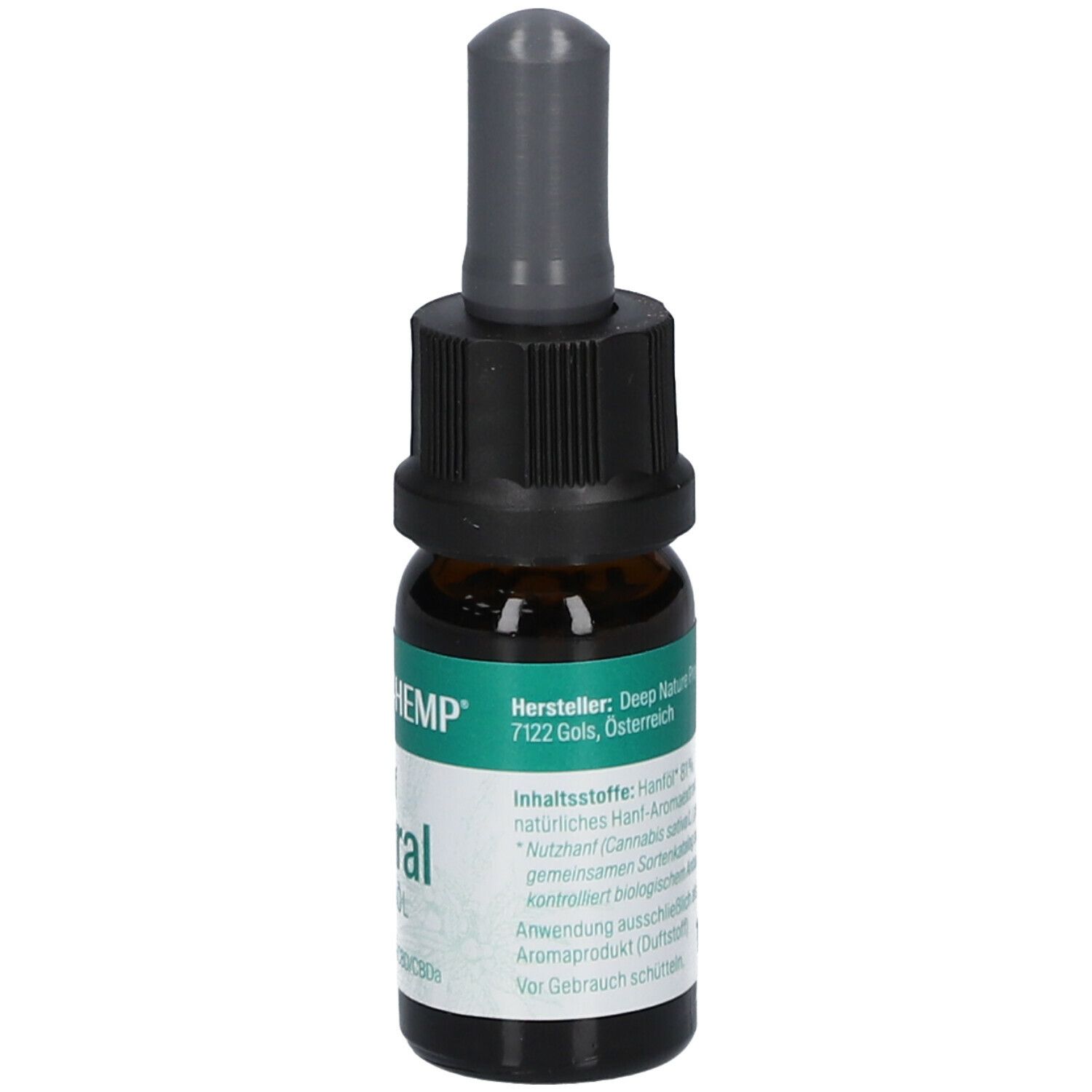 Braune Glasflasche mit schwarzem Verschluss und Pipette. Aufkleber mit Text: MEDIHEMP, Hanf Natural Aromaöl.