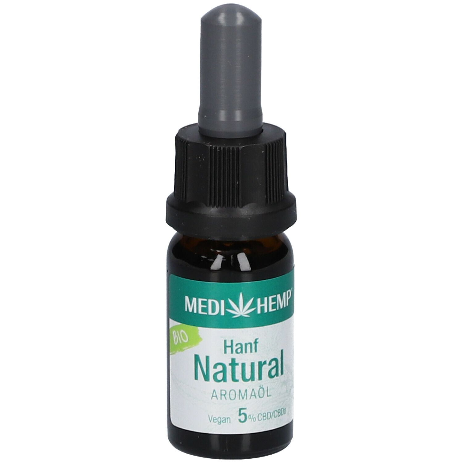 Braune Glasflasche mit schwarzem Verschluss und Pipette. Aufkleber mit Text: MEDIHEMP, Hanf Natural Aromaöl, BIO, 5 % CBD/CBDa.