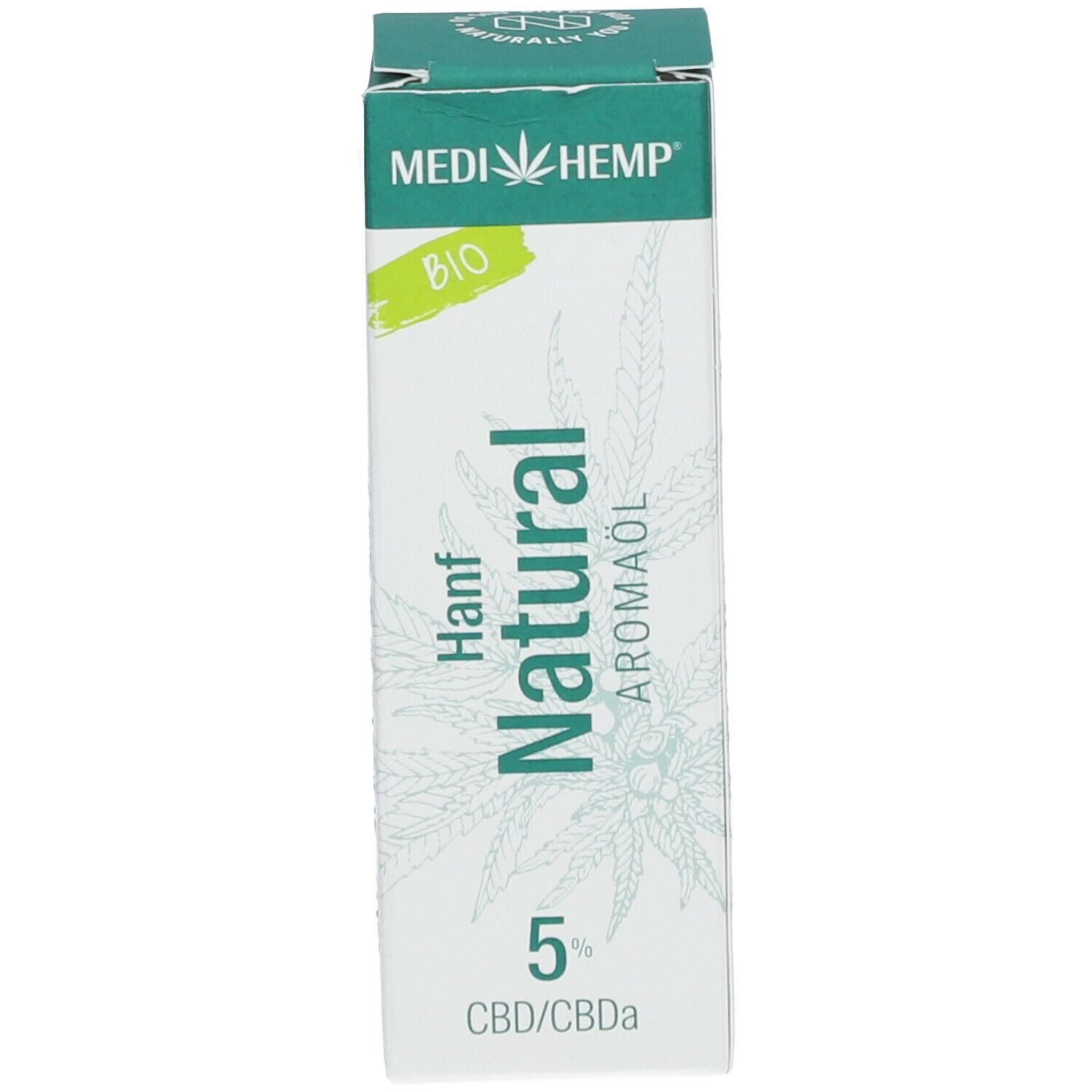Weiße Schachtel mit Aufschrift: MEDIHEMP, Hanf Natural Aromaöl, 5 % CBD/CBDa, BIO.