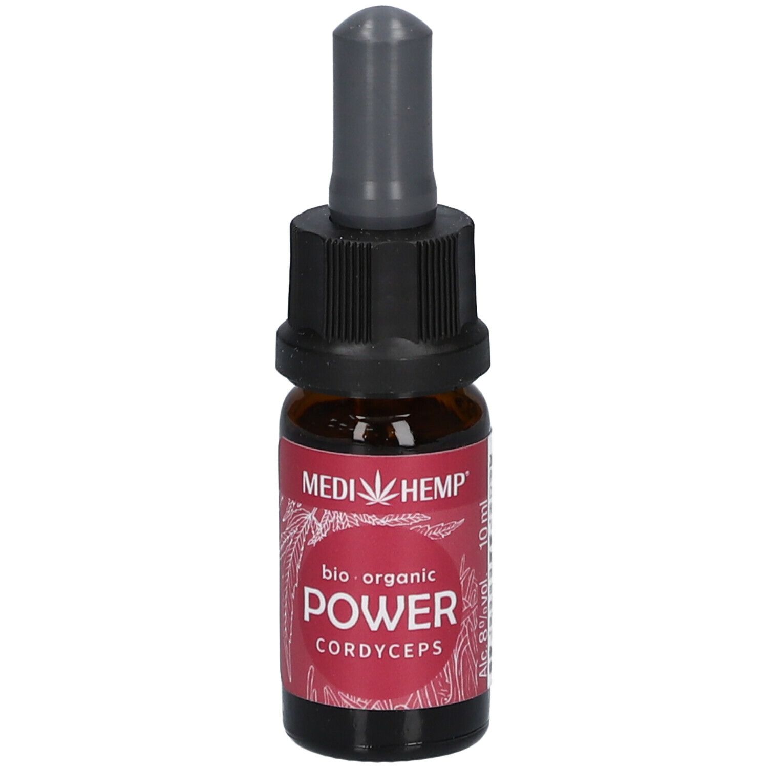 Braune Glasflasche mit schwarzem Verschluss und Pipette. Rotes Etikett mit Text: POWER Cordyceps. MEDIHEMP Logo.