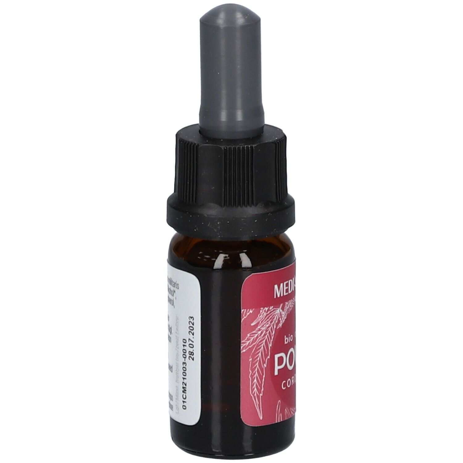 Braune Glasflasche mit schwarzem Verschluss und Pipette. Rotes Etikett mit Text: POWER Cordyceps. MEDIHEMP Logo.