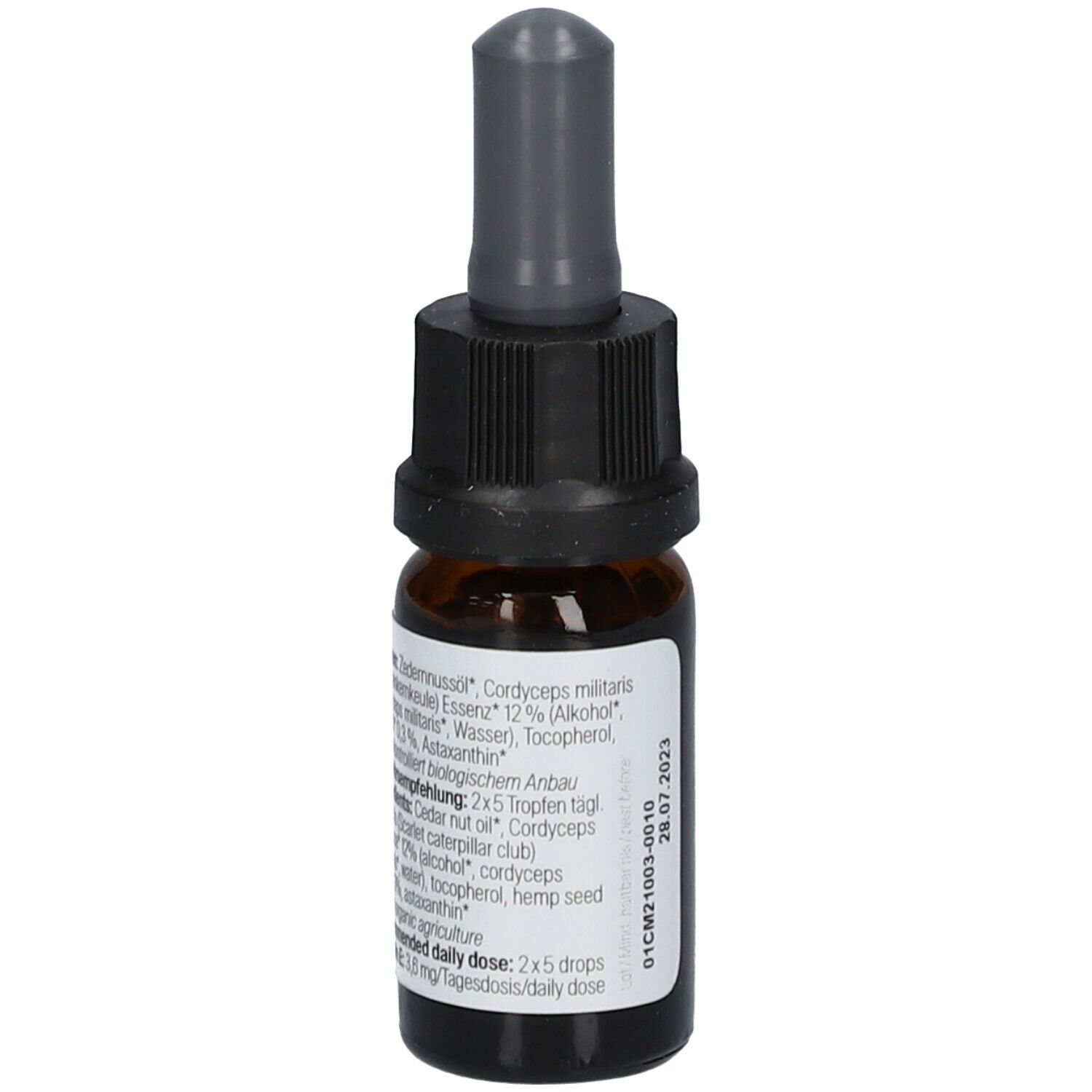 Braune Glasflasche mit schwarzem Verschluss und Pipette. Rotes Etikett mit Text: POWER Cordyceps. MEDIHEMP Logo.