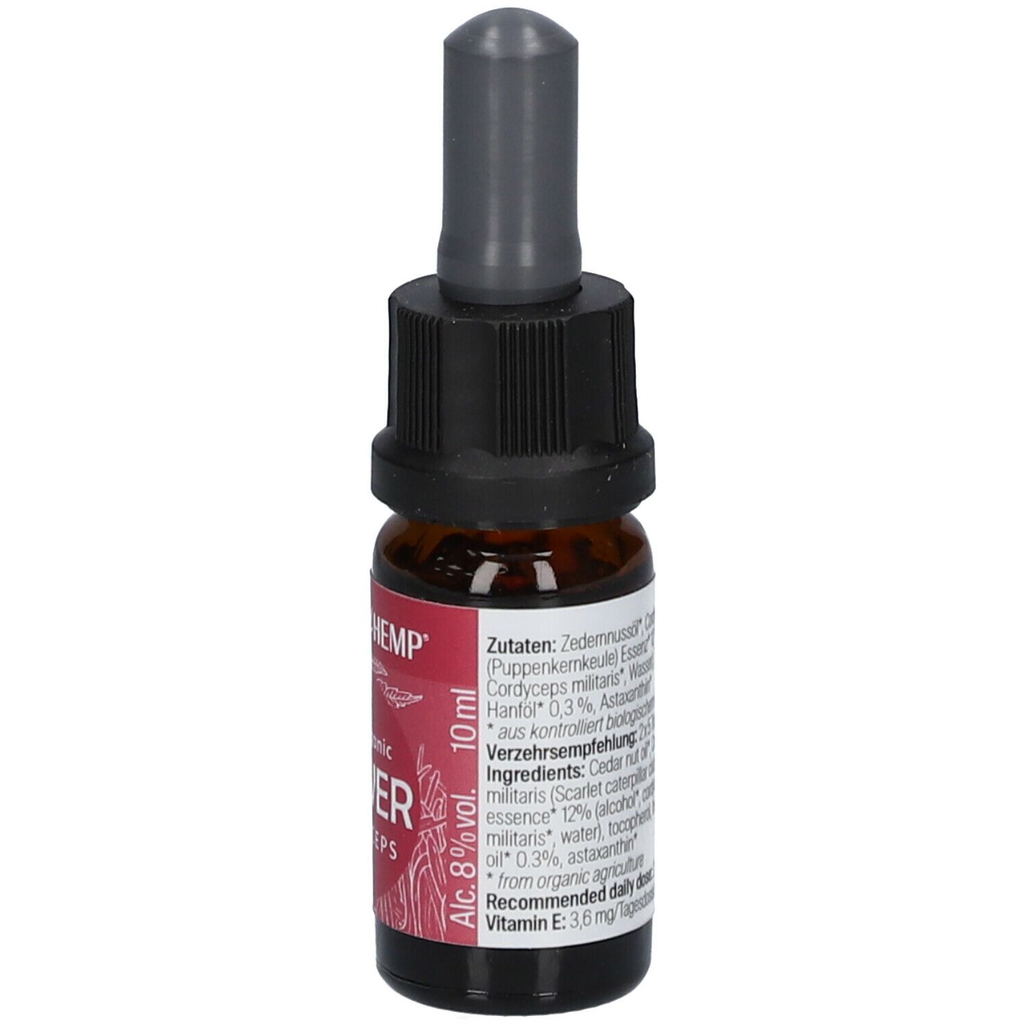 Braune Glasflasche mit schwarzem Verschluss und Pipette. Rotes Etikett mit Text: POWER Cordyceps. MEDIHEMP Logo.
