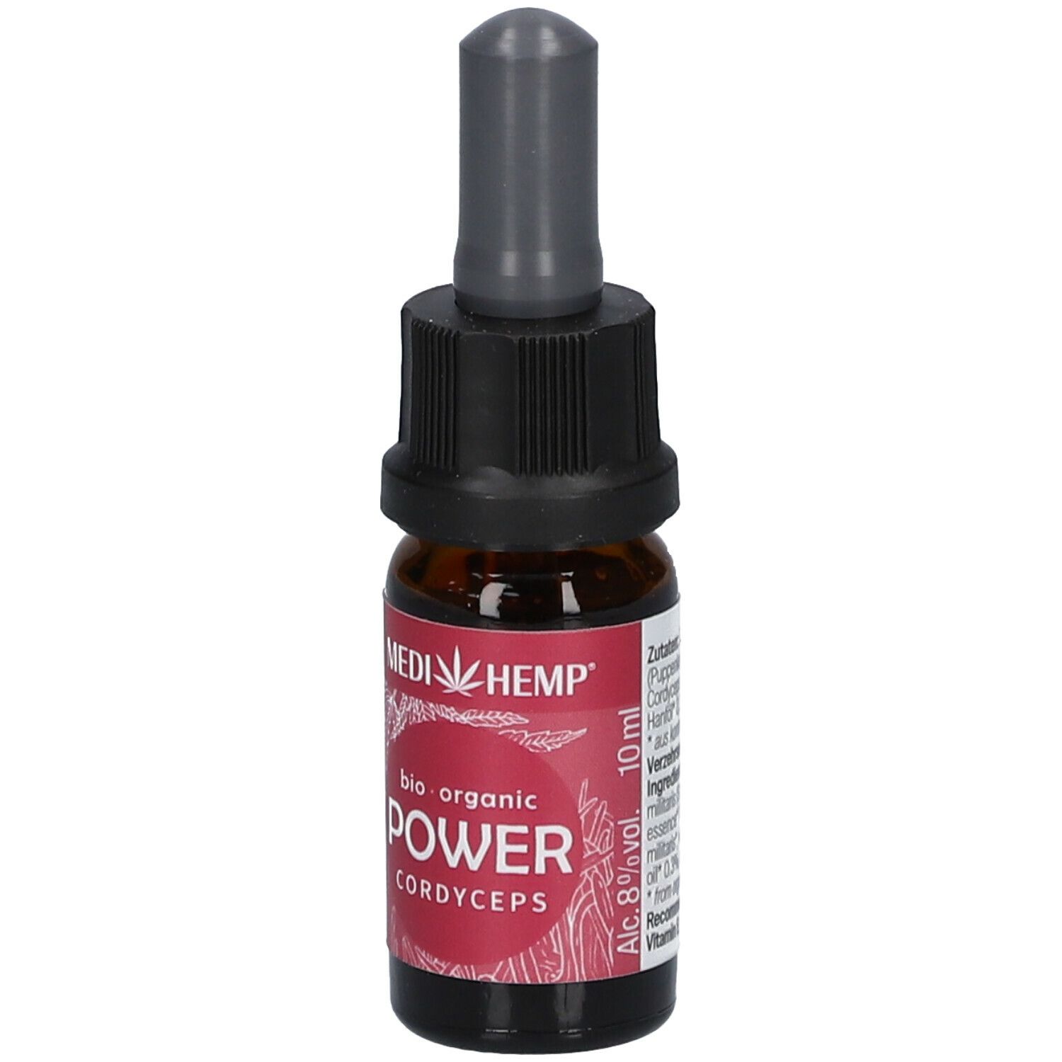 Braune Glasflasche mit schwarzem Verschluss und Pipette. Rotes Etikett mit Text: POWER Cordyceps. MEDIHEMP Logo.