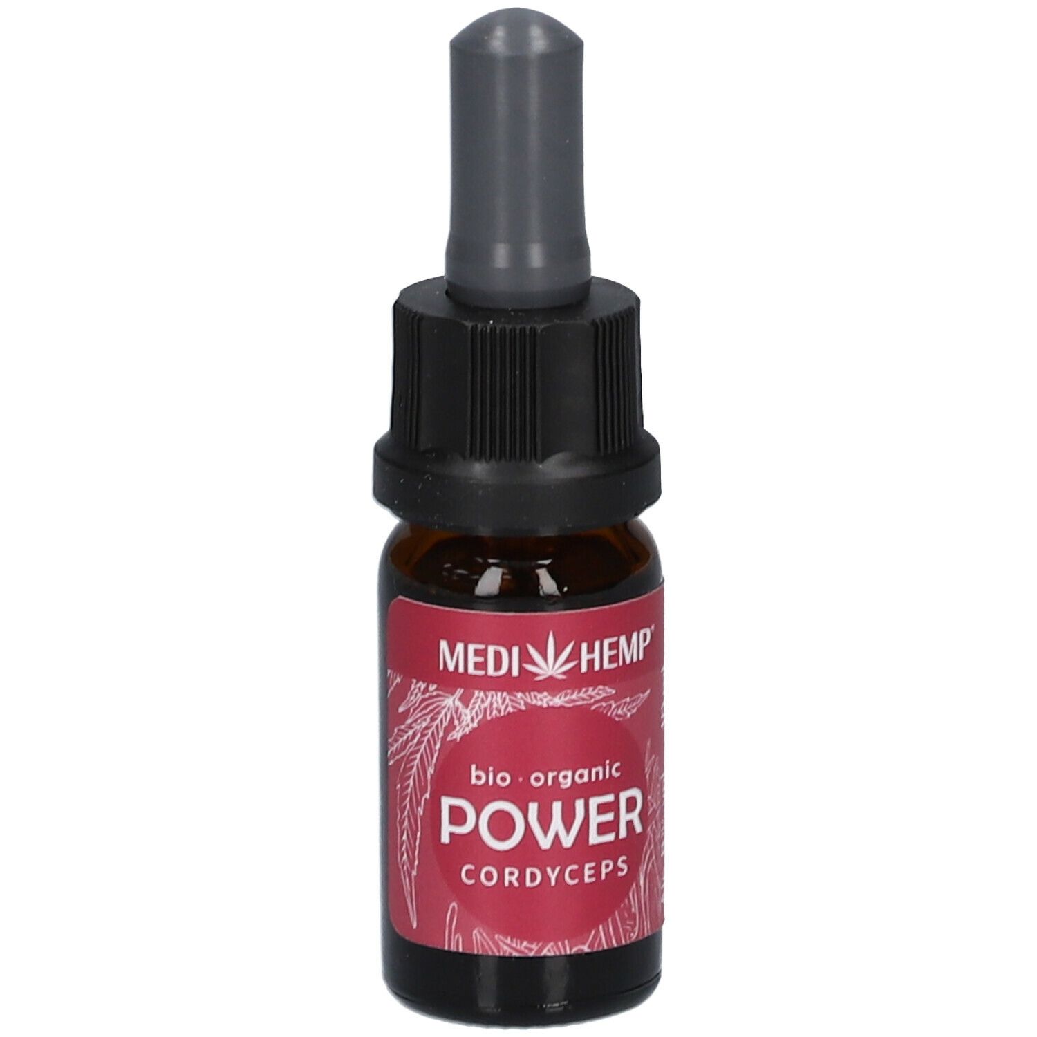 Braune Glasflasche mit schwarzem Verschluss und Pipette. Rotes Etikett mit Text: POWER Cordyceps. MEDIHEMP Logo.