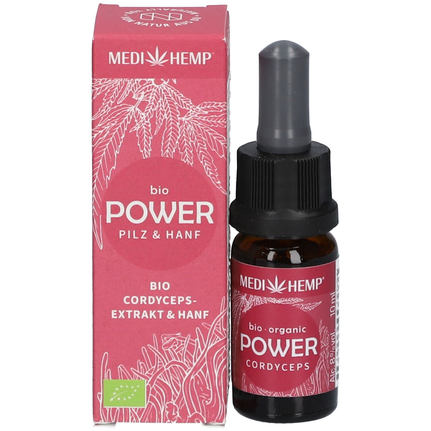 Braune Glasflasche mit schwarzem Verschluss und Pipette, neben einer roten Schachtel. Auf der Schachtel: MEDIHEMP, POWER, Pilz & Hanf.