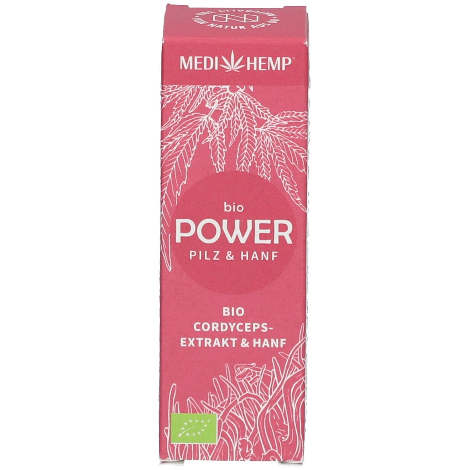 Rote Schachtel mit Text: MEDIHEMP, POWER, Pilz & Hanf. Bio-Siegel. Illustration von Blättern und Pflanzen.