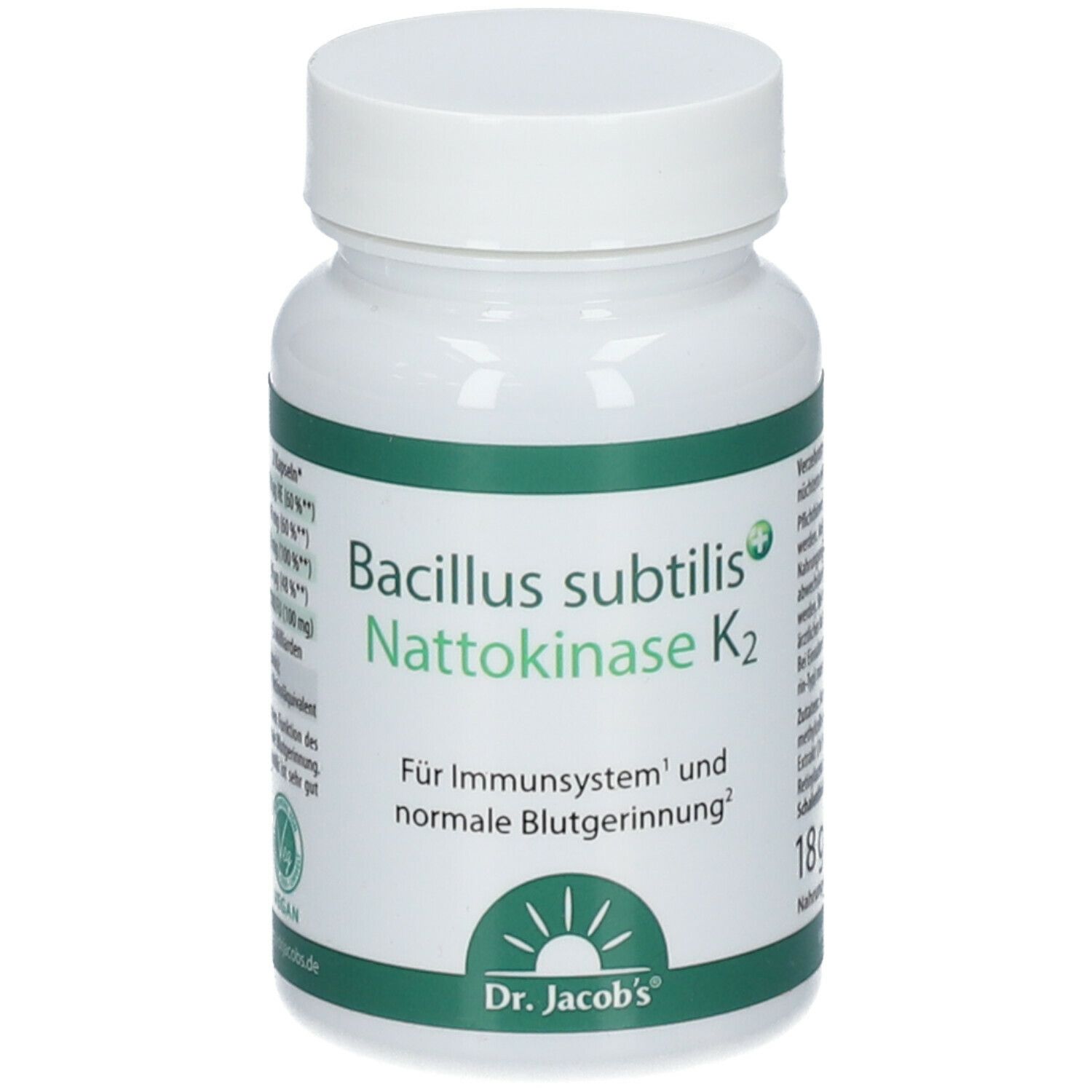 Weiße Flasche mit Kapseln. Aufschrift: Bacillus subtilis Nattokinase K2. Für Immunsystem und normale Blutgerinnung. Dr. Jacob's Logo.
