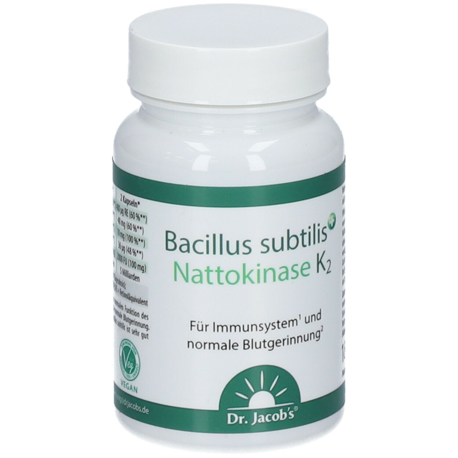 Weiße Flasche mit Kapseln. Aufschrift: Bacillus subtilis Nattokinase K2. Für Immunsystem und normale Blutgerinnung. Dr. Jacob's Logo.