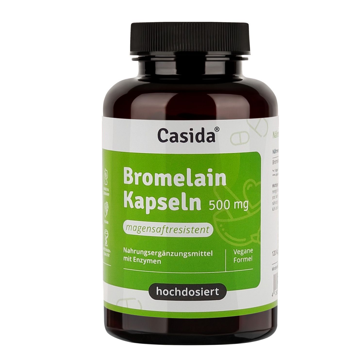 Braune Flasche mit schwarzen Deckel. Etikett mit Produktinformationen: Casida Bromelain Kapseln 500 mg, magensaftresistent.