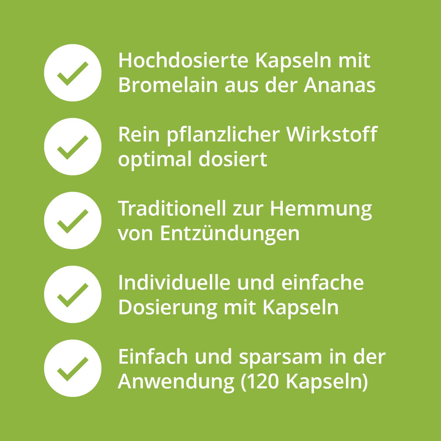 Grüner Hintergrund mit weißen Check-Zeichen und Text. Informationen zu Bromelain Kapseln: hochdosiert, rein pflanzlich, entzündungshemmend.