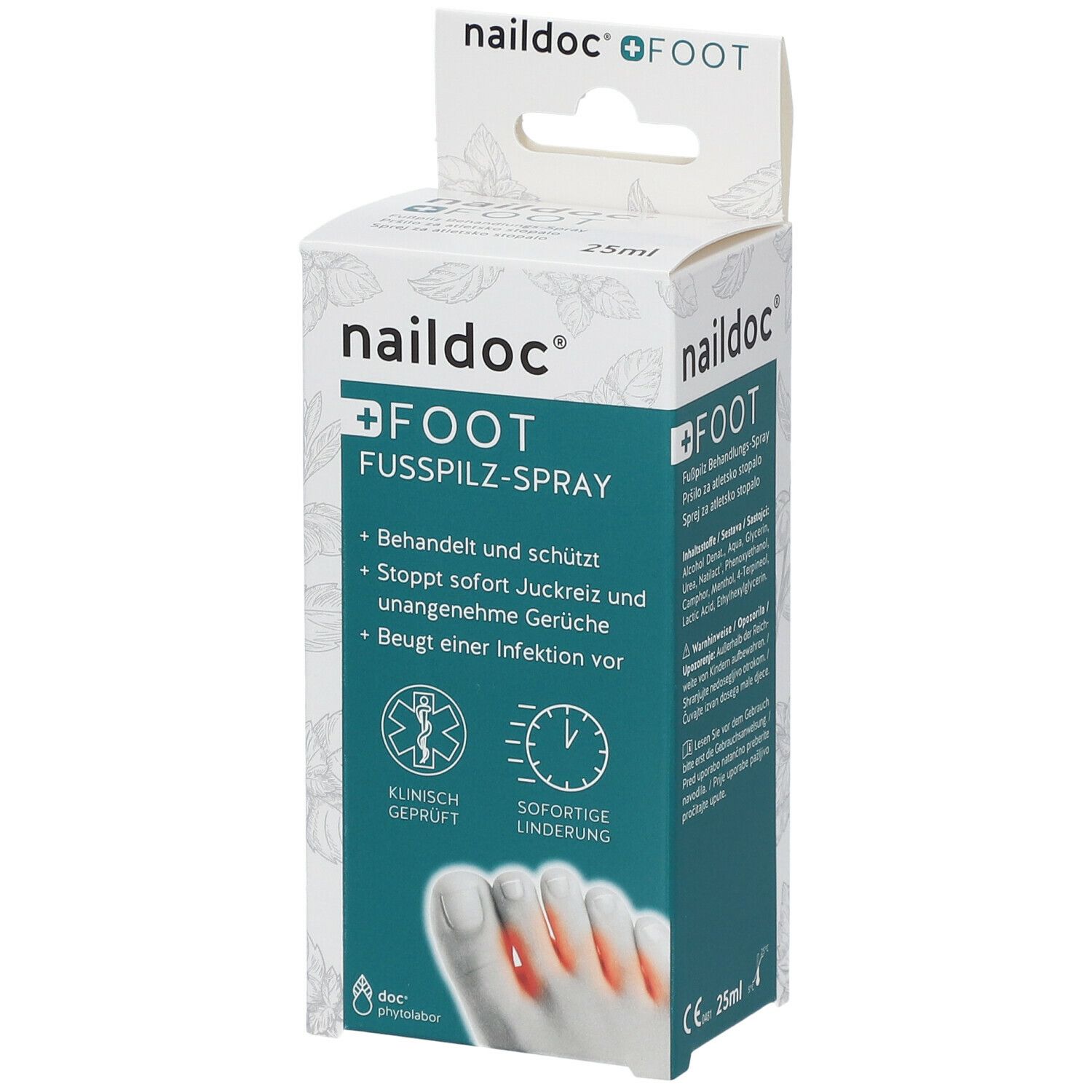 Verpackung von naildoc® +FOOT Fußpilz-Spray. Weiß-grüne Schachtel mit Produktnamen und Logos. Zeigt einen Fuß mit Pilzinfektion.