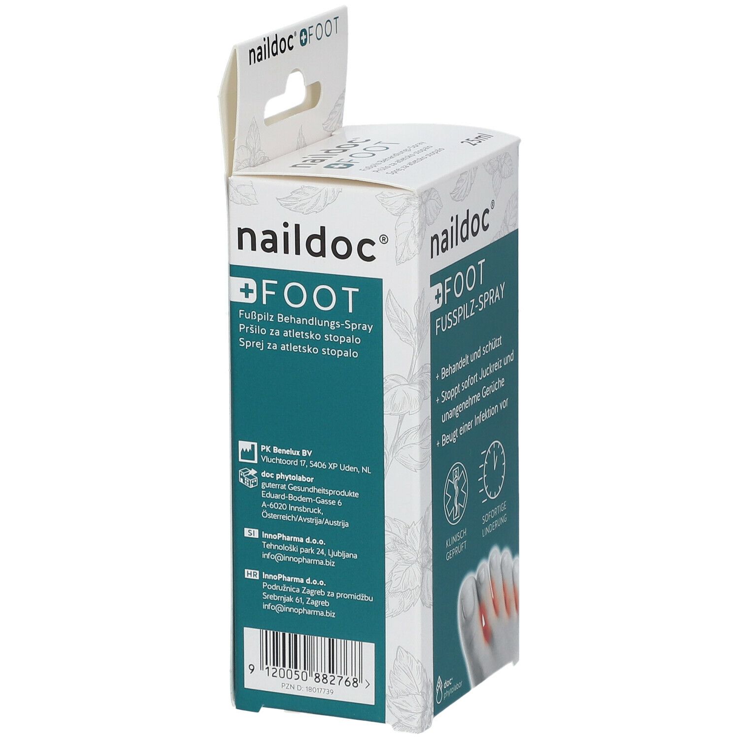 Seitenansicht der Verpackung von naildoc® +FOOT Fußpilz-Spray. Weiß-grüne Schachtel mit Produktnamen und Logos. Text in Deutsch, Italienisch und Slowenisch.