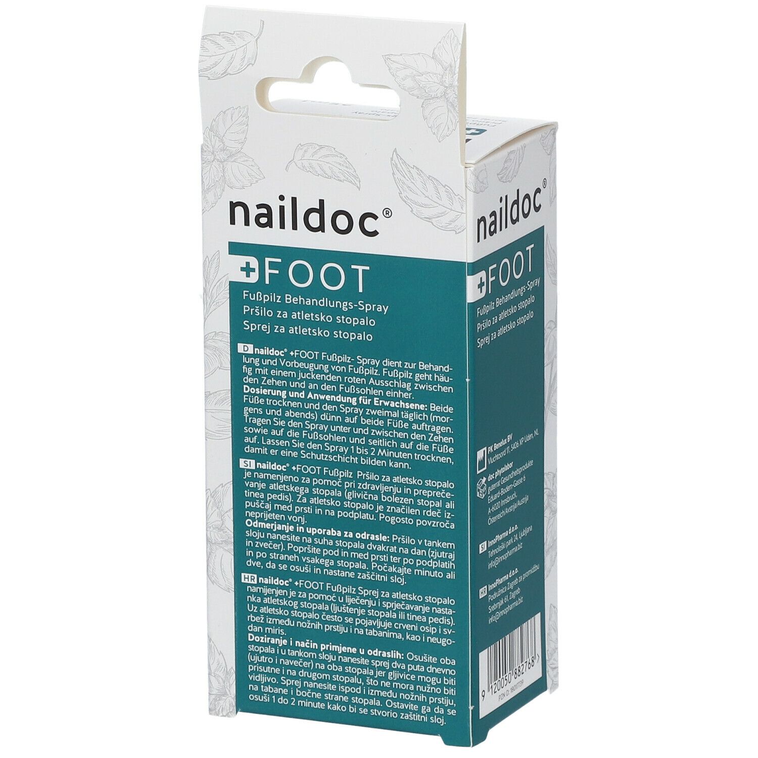 Rückseite der Verpackung von naildoc® +FOOT Fußpilz-Spray. Weiß-grüne Schachtel mit Produktinformationen und Gebrauchsanweisung. Text in mehreren Sprachen.