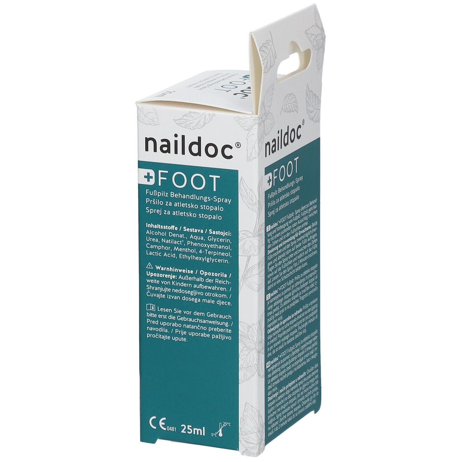 Seitenansicht der Verpackung von naildoc® +FOOT Fußpilz-Spray. Weiß-grüne Schachtel mit Produktinformationen und Inhaltsstoffen. Text in mehreren Sprachen.