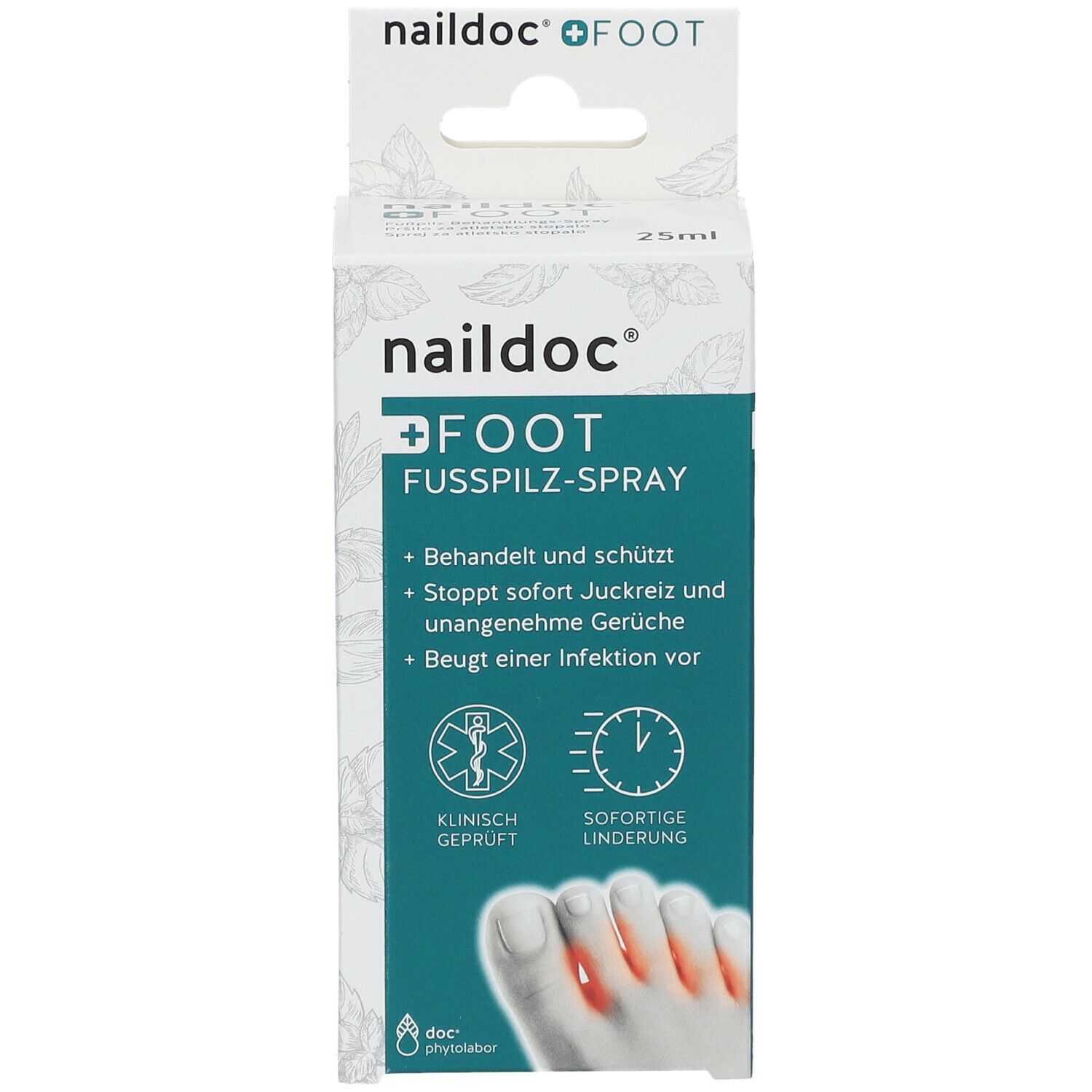 Verpackung von naildoc® +FOOT Fußpilz-Spray. Weiß-grüne Schachtel mit Produktnamen und Logos. Zeigt einen Fuß mit Pilzinfektion und klinische Prüfung.
