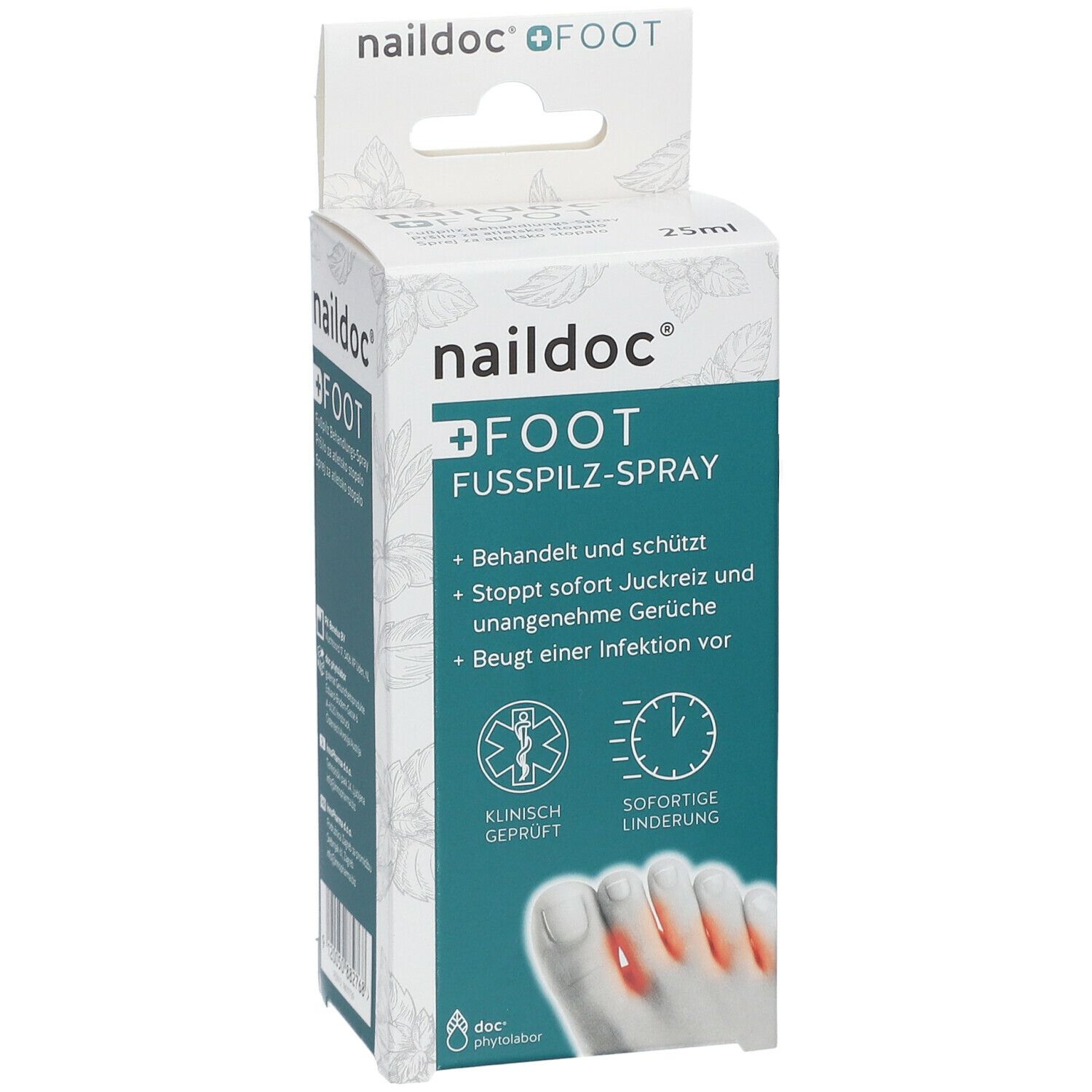 Verpackung von naildoc® +FOOT Fußpilz-Spray. Weiß-grüne Schachtel mit Produktnamen und Logos. Zeigt einen Fuß mit Pilzinfektion und klinische Prüfung.