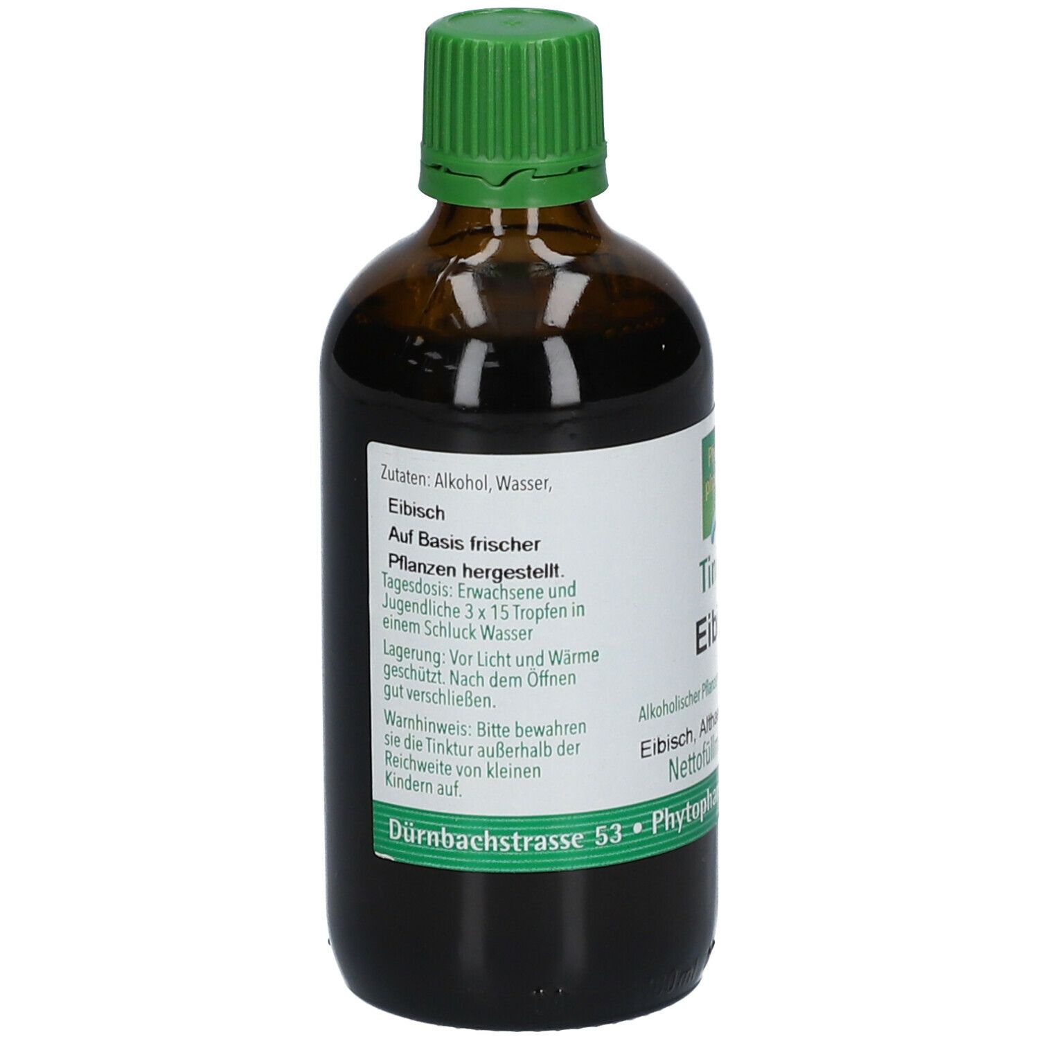 Flacon en verre brun avec bouchon vert. Dos avec étiquette et texte. Ingrédients, dosage, conseils de stockage.
