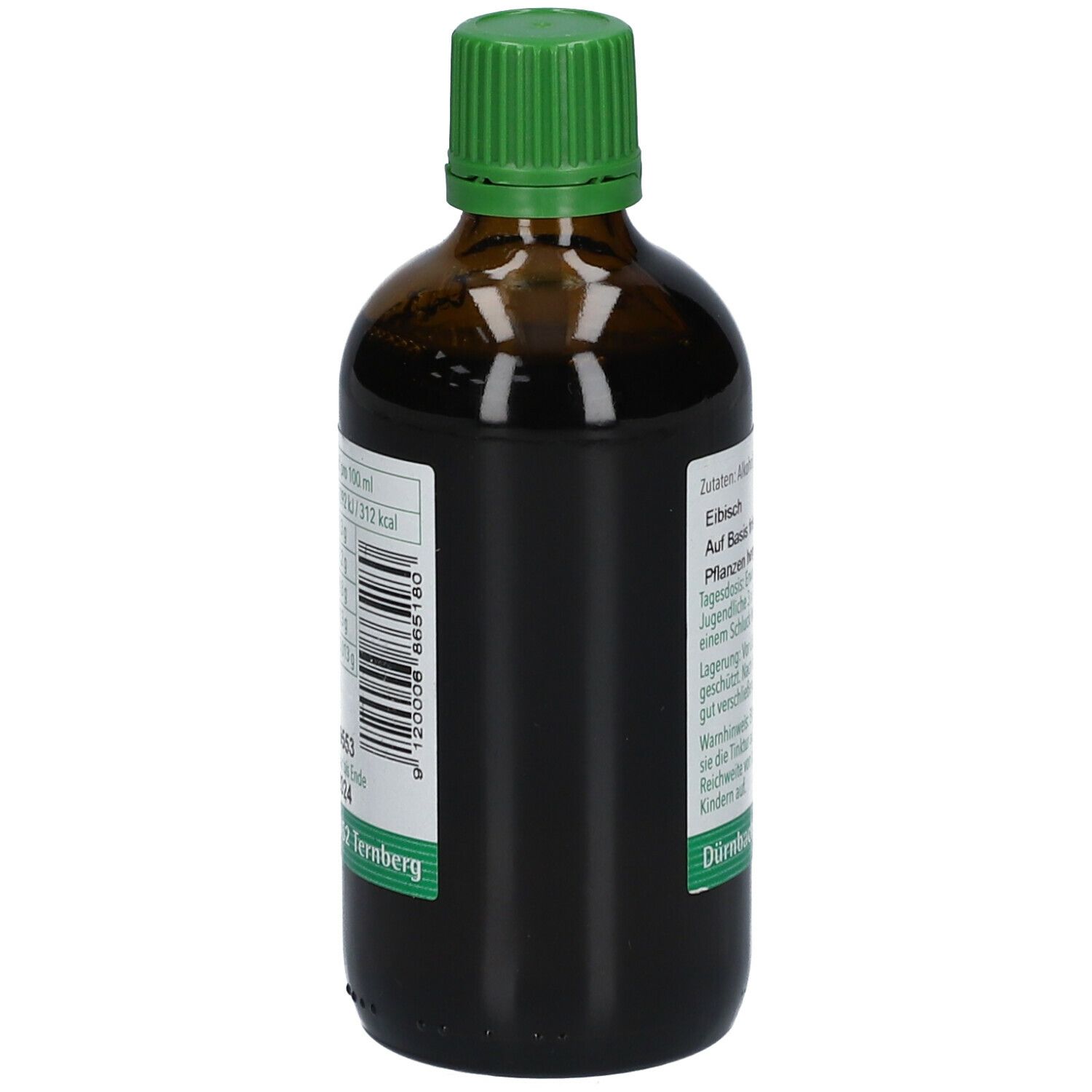 Flacon en verre brun avec bouchon vert. Dos avec étiquette et code-barres. Texte : informations nutritionnelles, adresse du fabricant.