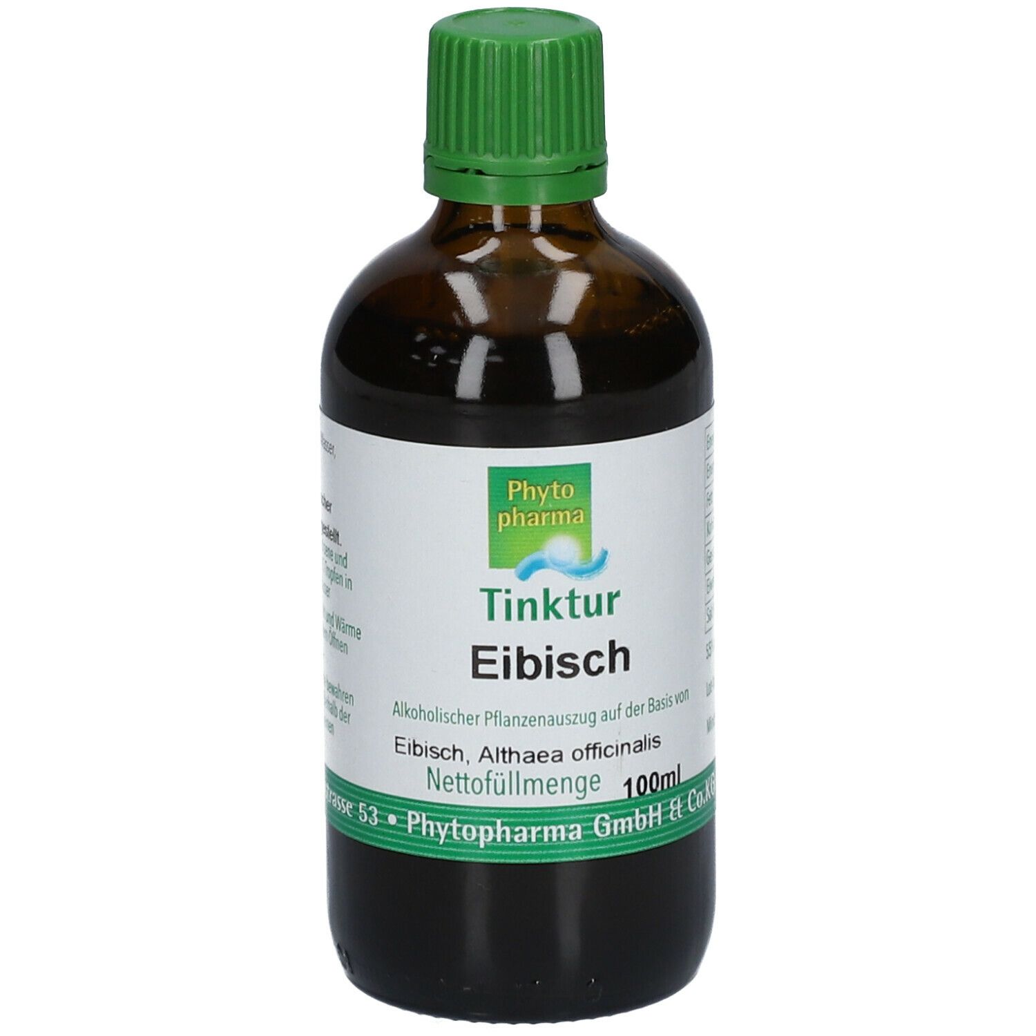 Flacon en verre brun avec bouchon vert. Face avant avec étiquette et logo. Texte : Eibisch Tinktur, Phyto pharma.