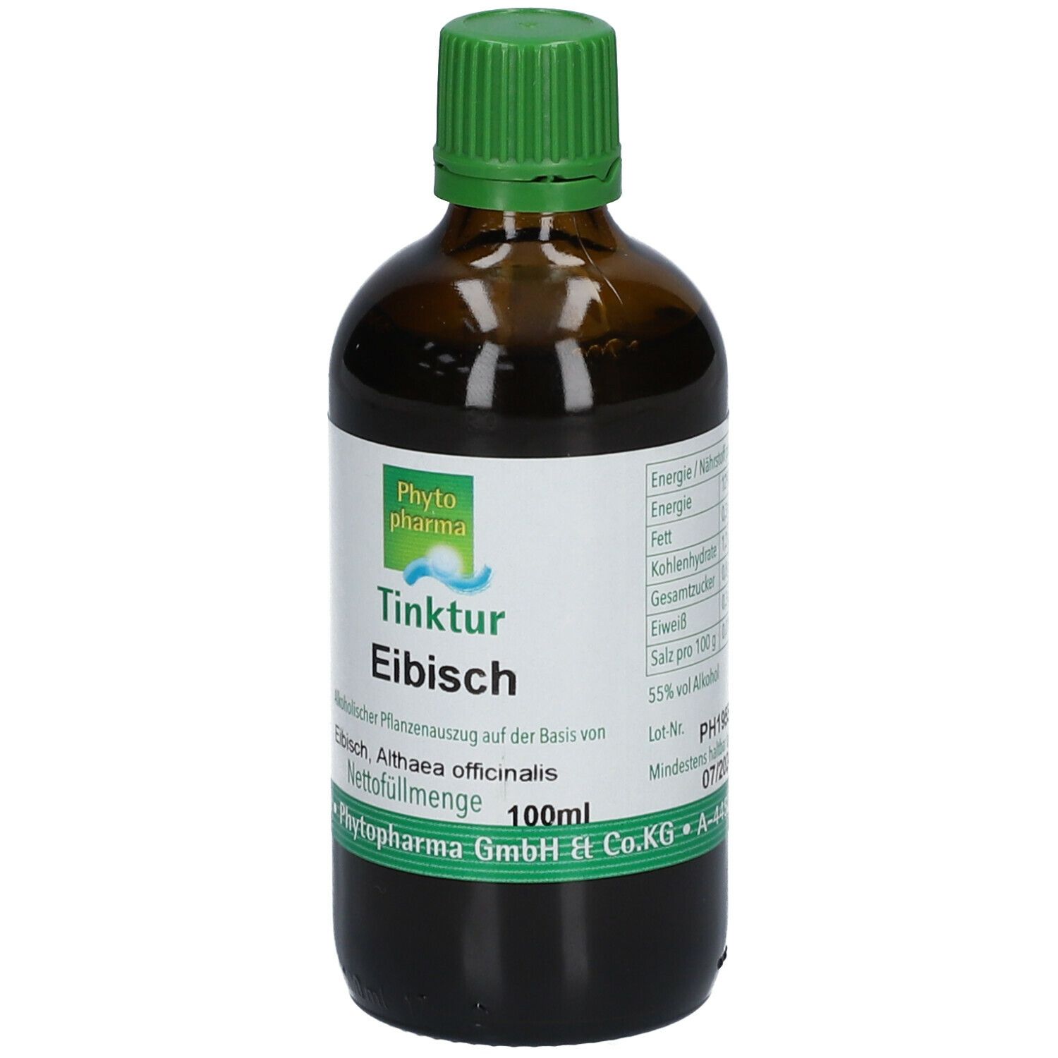 Flacon en verre brun avec bouchon vert. Face avant avec étiquette et logo. Texte : Eibisch Tinktur, valeurs nutritionnelles, 100ml.