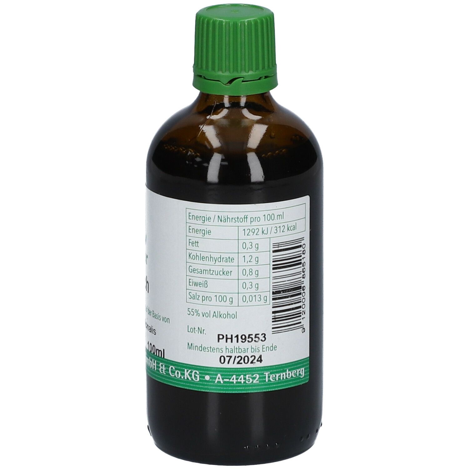 Flacon en verre brun avec bouchon vert. Dos avec étiquette. Texte : informations nutritionnelles, date de péremption, 55% vol alcool.