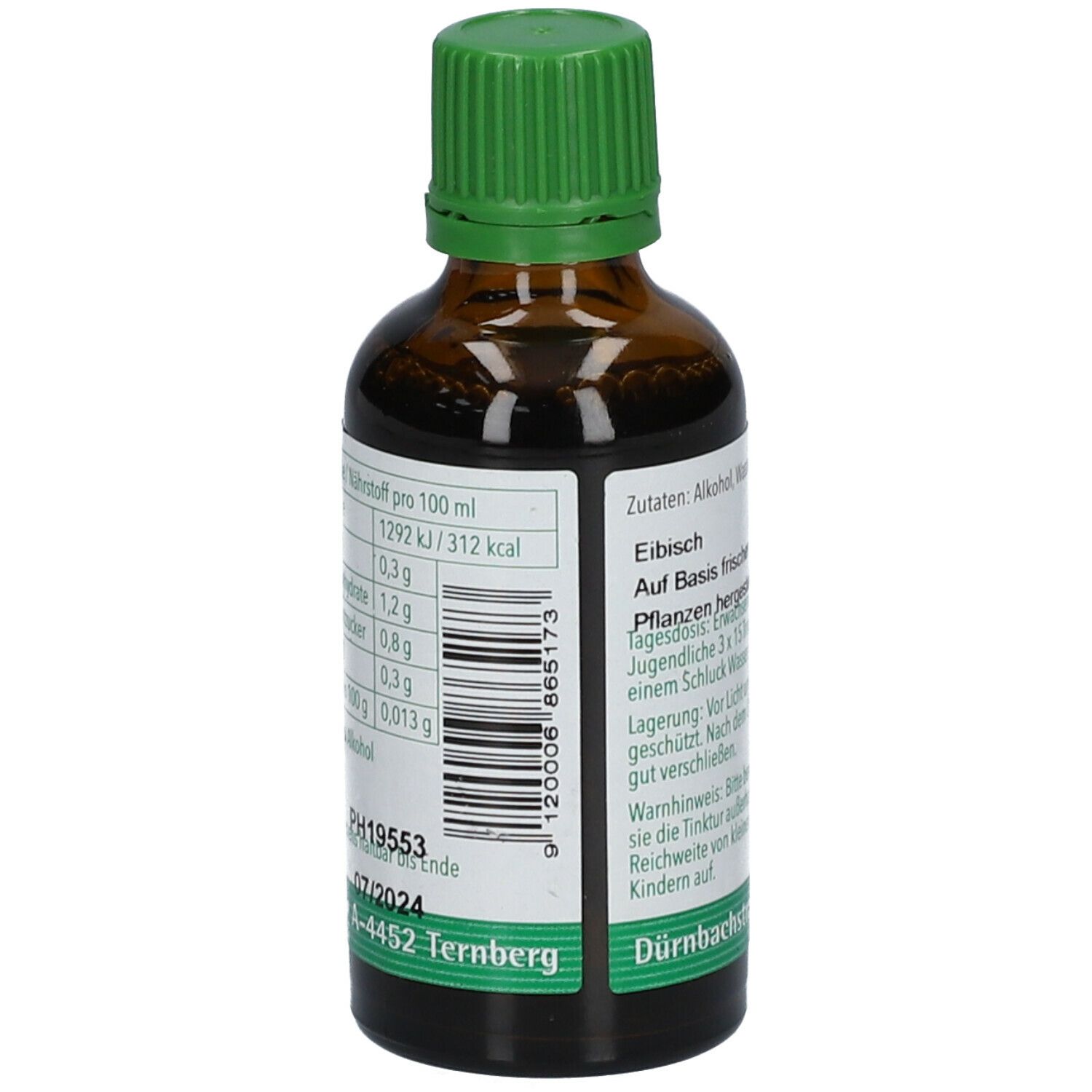 Braune Glasflasche mit grünem Verschluss. Etikett mit Nährwertangaben und Haltbarkeitsdatum. Text in deutscher Sprache.