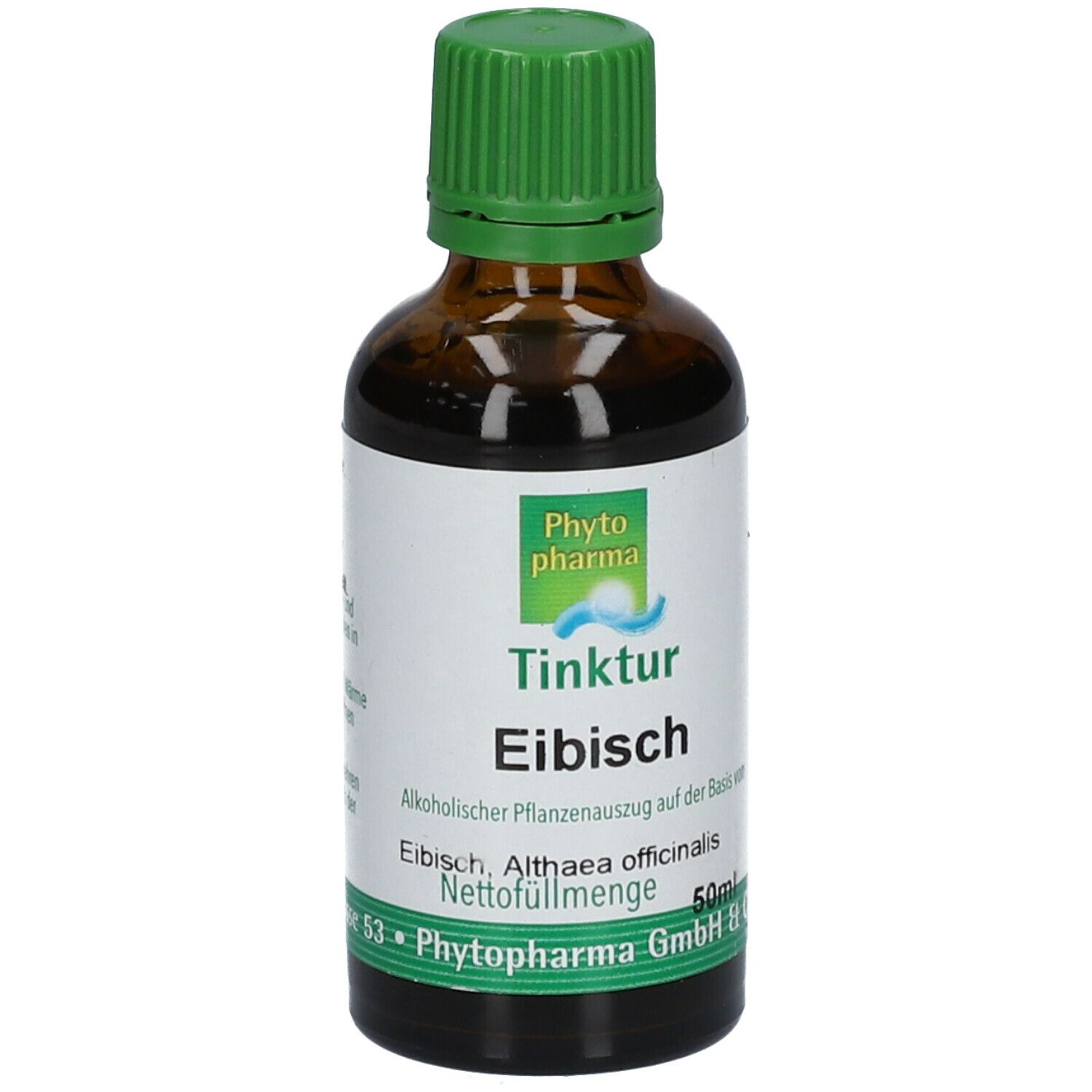 Braune Glasflasche mit grünem Verschluss. Etikett mit Produktnamen und Logo. Aufschrift: Eibisch Tinktur.