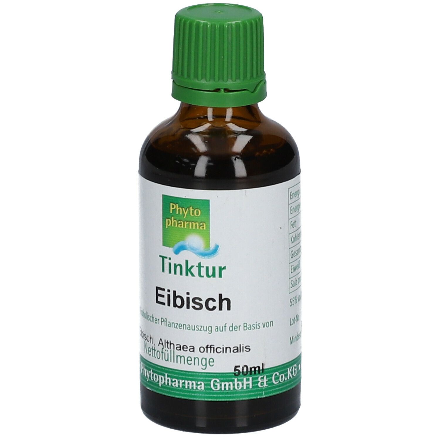 Braune Glasflasche mit grünem Verschluss. Etikett mit Produktnamen und Logo. Aufschrift: Eibisch Tinktur.
