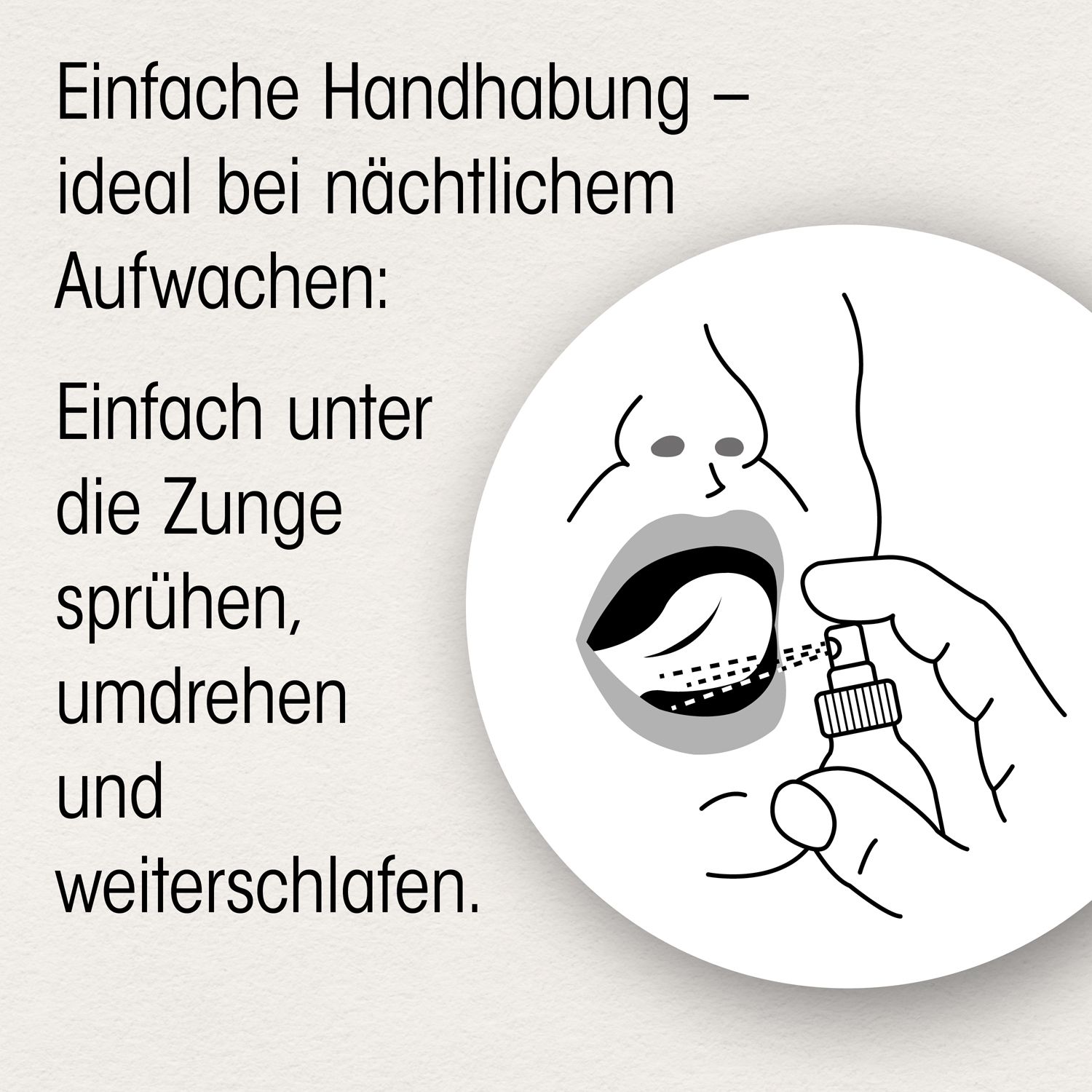 Illustration: Spray unter die Zunge sprühen. Text: Einfache Handhabung.