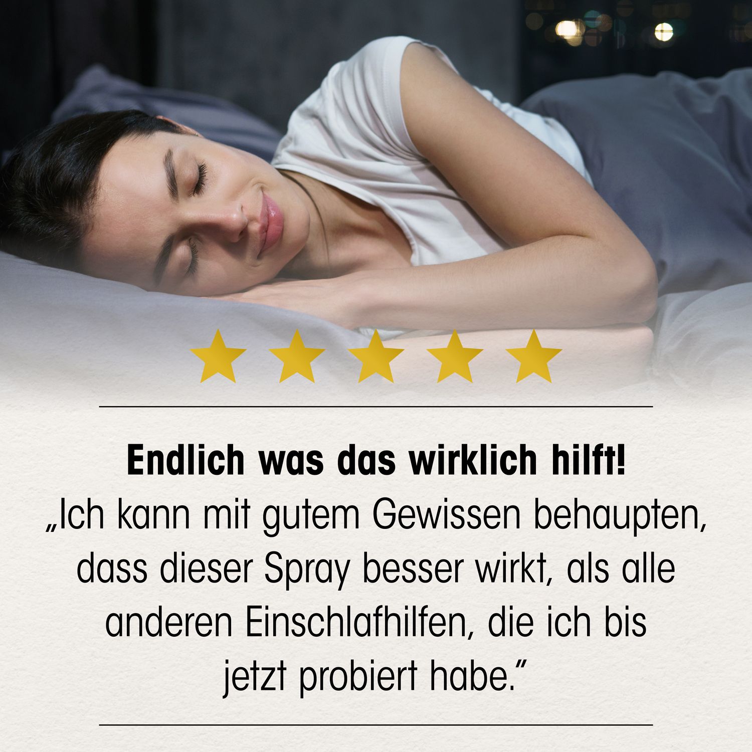 Frau schläft im Bett. Text: Endlich was das wirklich hilft! Zitat.