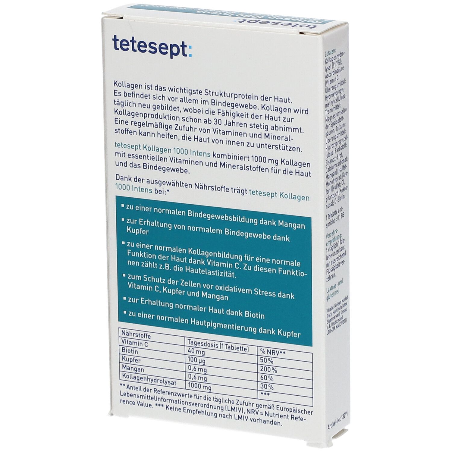 Rückseite der Verpackung von tetesept® Kollagen 1000 Intens. Textinformationen über Inhaltsstoffe und Nährwerte. Enthält 30 Tabletten.