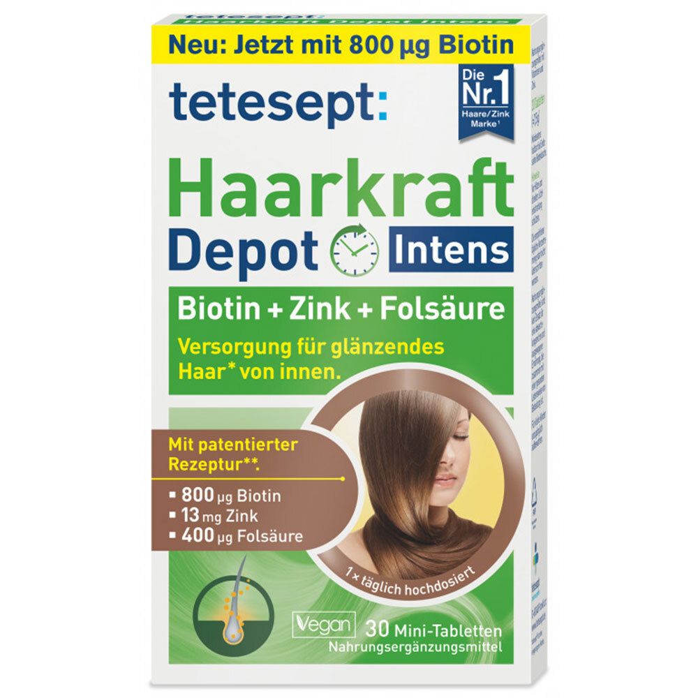 tetesept® Haarkraft Depot, Packung. Enthält Biotin, Zink, Folsäure. 30 Mini-Tabletten. Vegan.