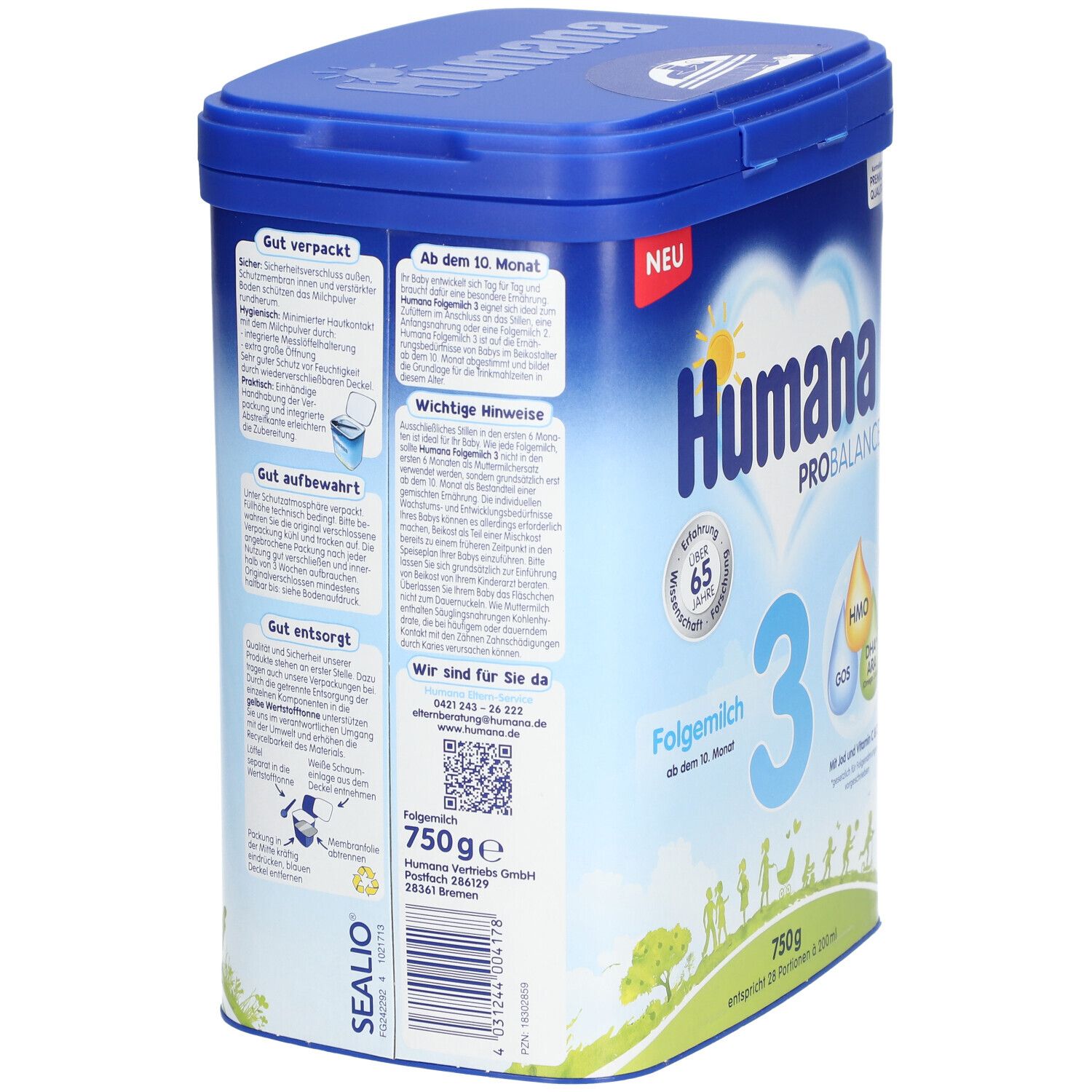 Rückseite der blauen Dose Humana PROBALANCE 3. Text: Ab dem 10. Monat, wichtige Hinweise, 750g, QR-Code.
