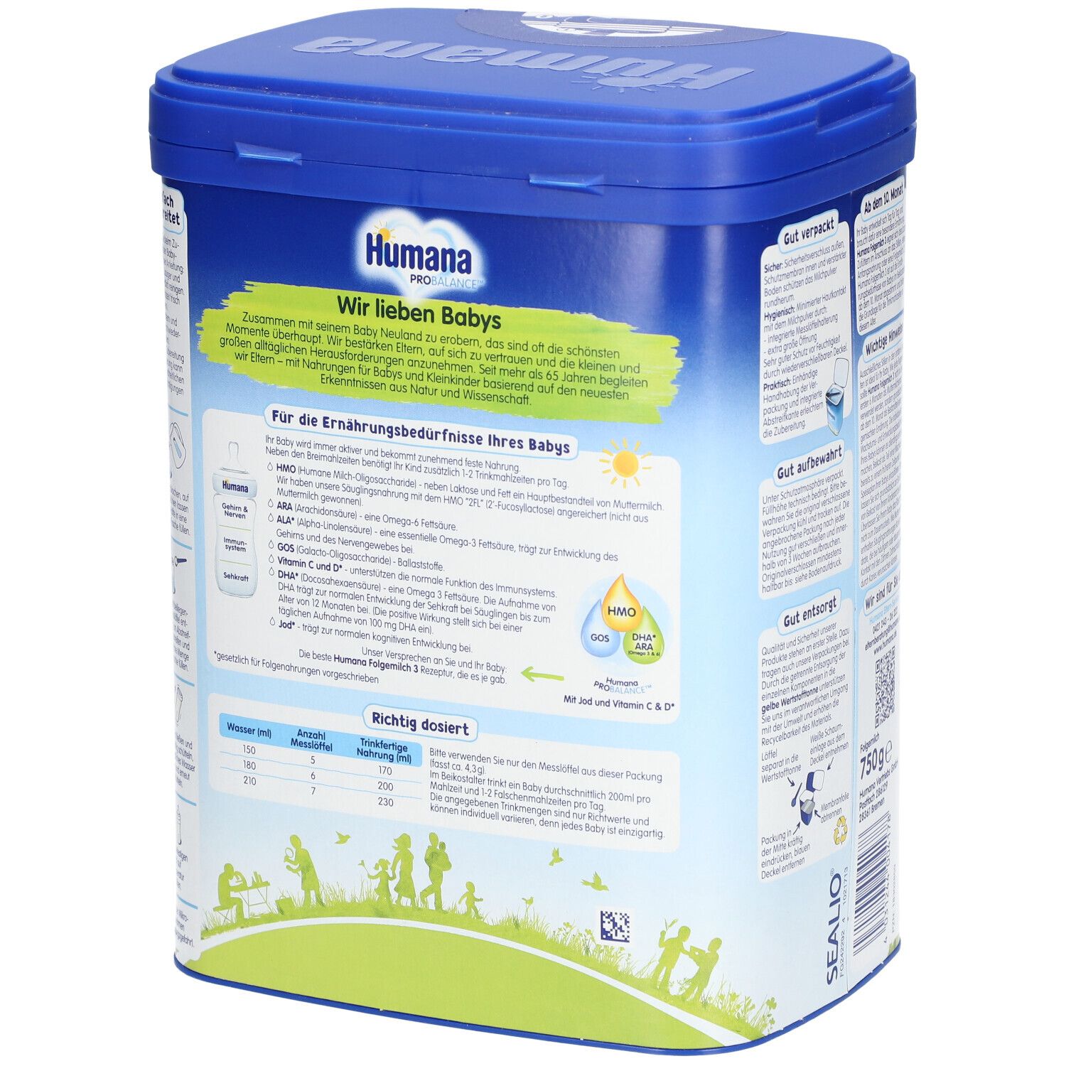 Rückseite der blauen Dose Humana PROBALANCE 3. Text: Für die Ernährungsbedürfnisse Ihres Babys, Inhaltsstoffe.