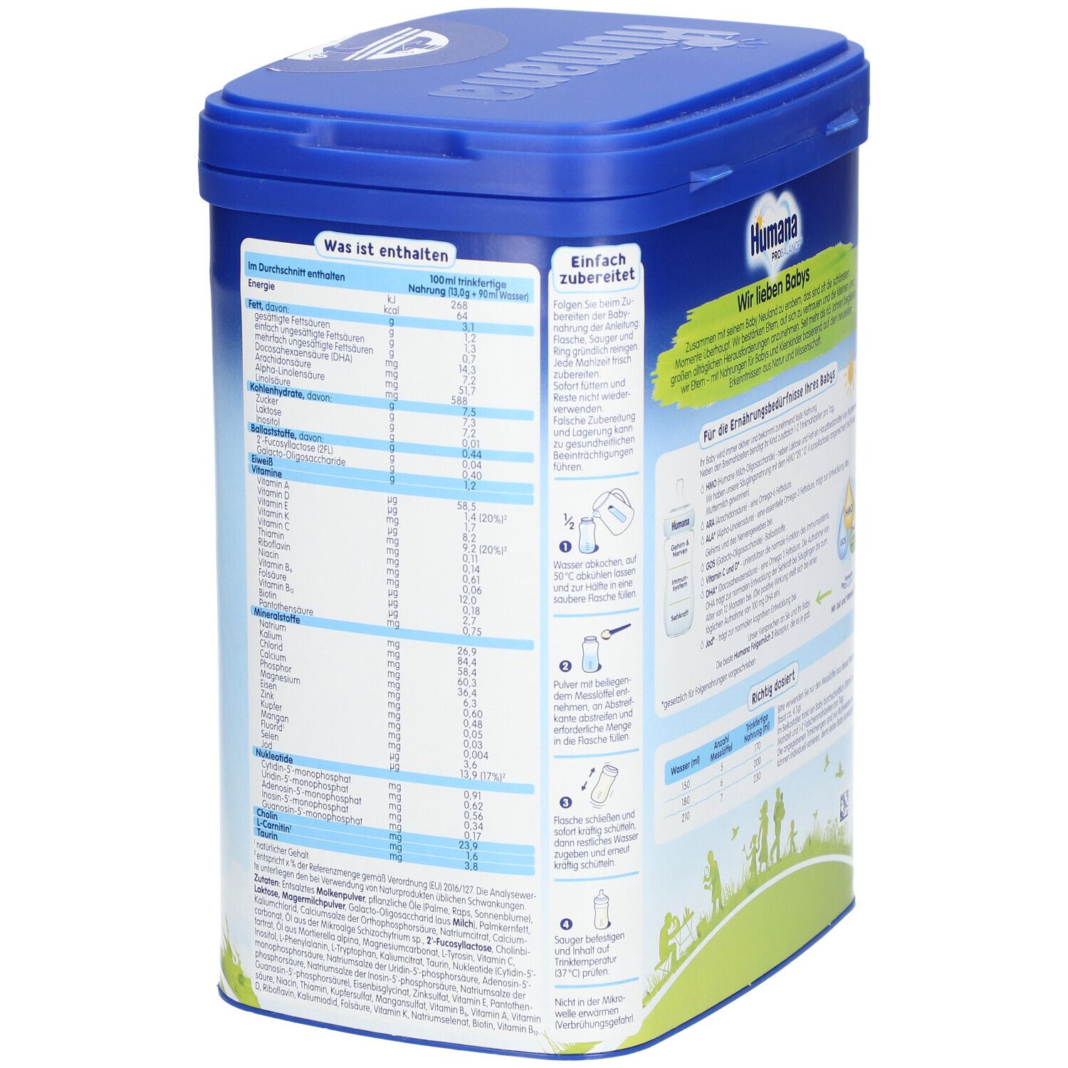 Rückseite der blauen Dose Humana PROBALANCE 3. Text: Was ist enthalten, Nährwertangaben, einfach zubereitet.